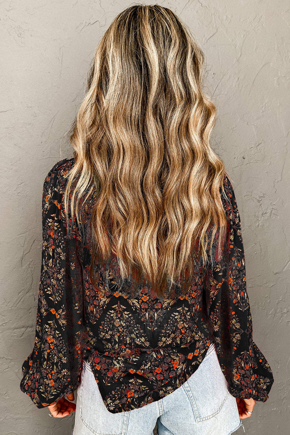 Black Floral Print Collared Button Up Puff Sleeve Shirt