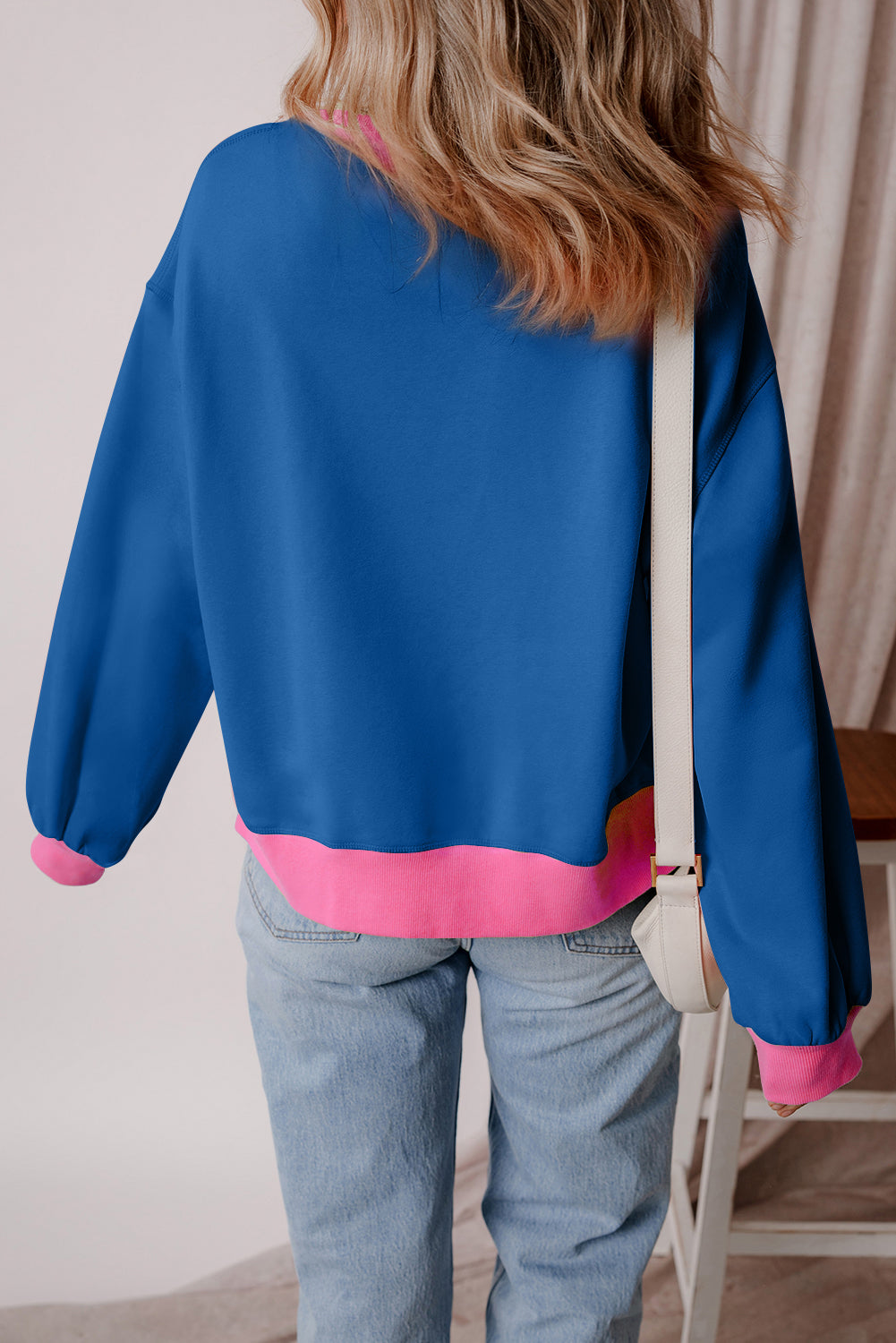 Blue Football and Bow Graphic Contrast Trim Drop Shoulder Sweatshirt