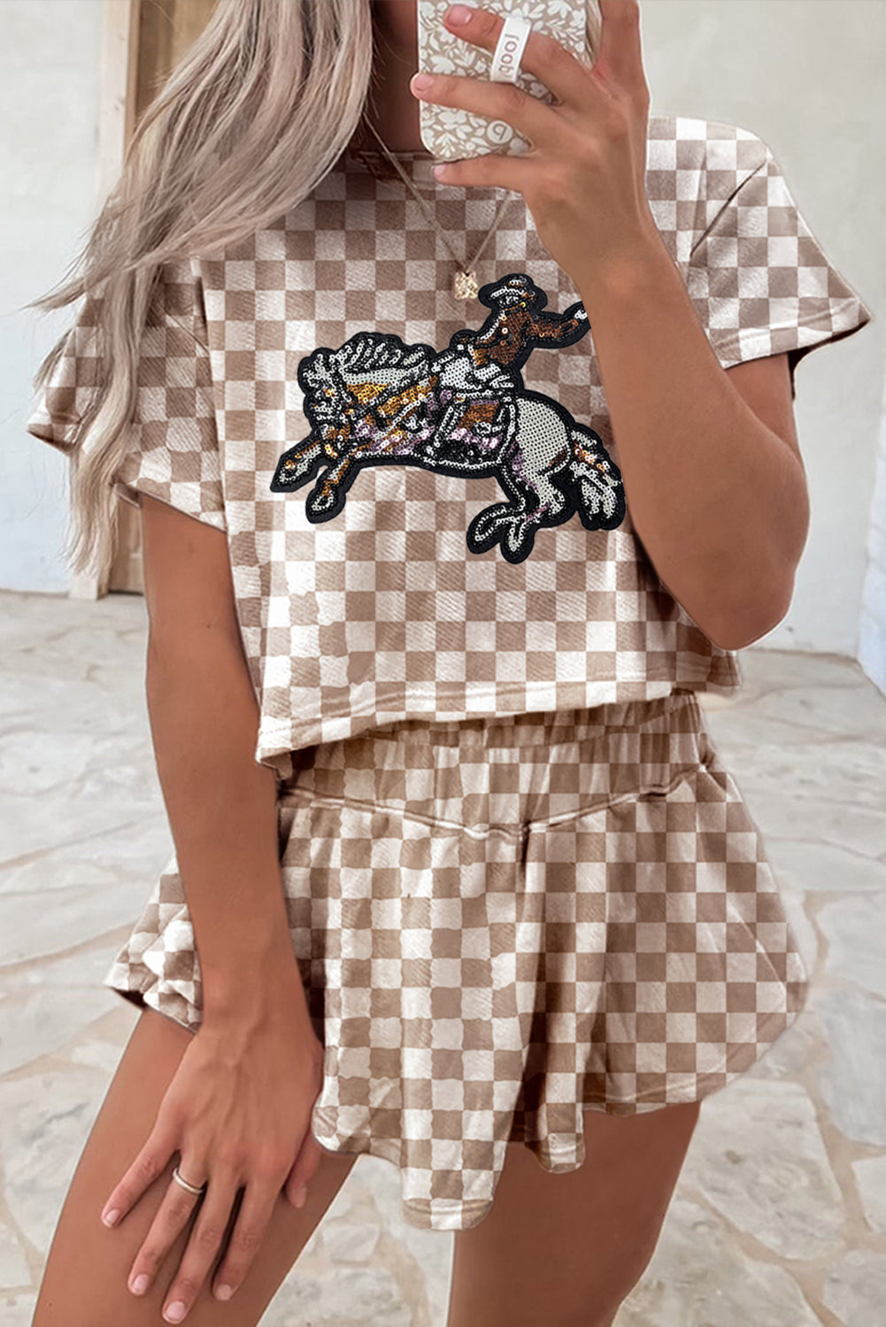 Brown Checkered Sequin Rodeo Graphic Cropped Tee and Skort Set