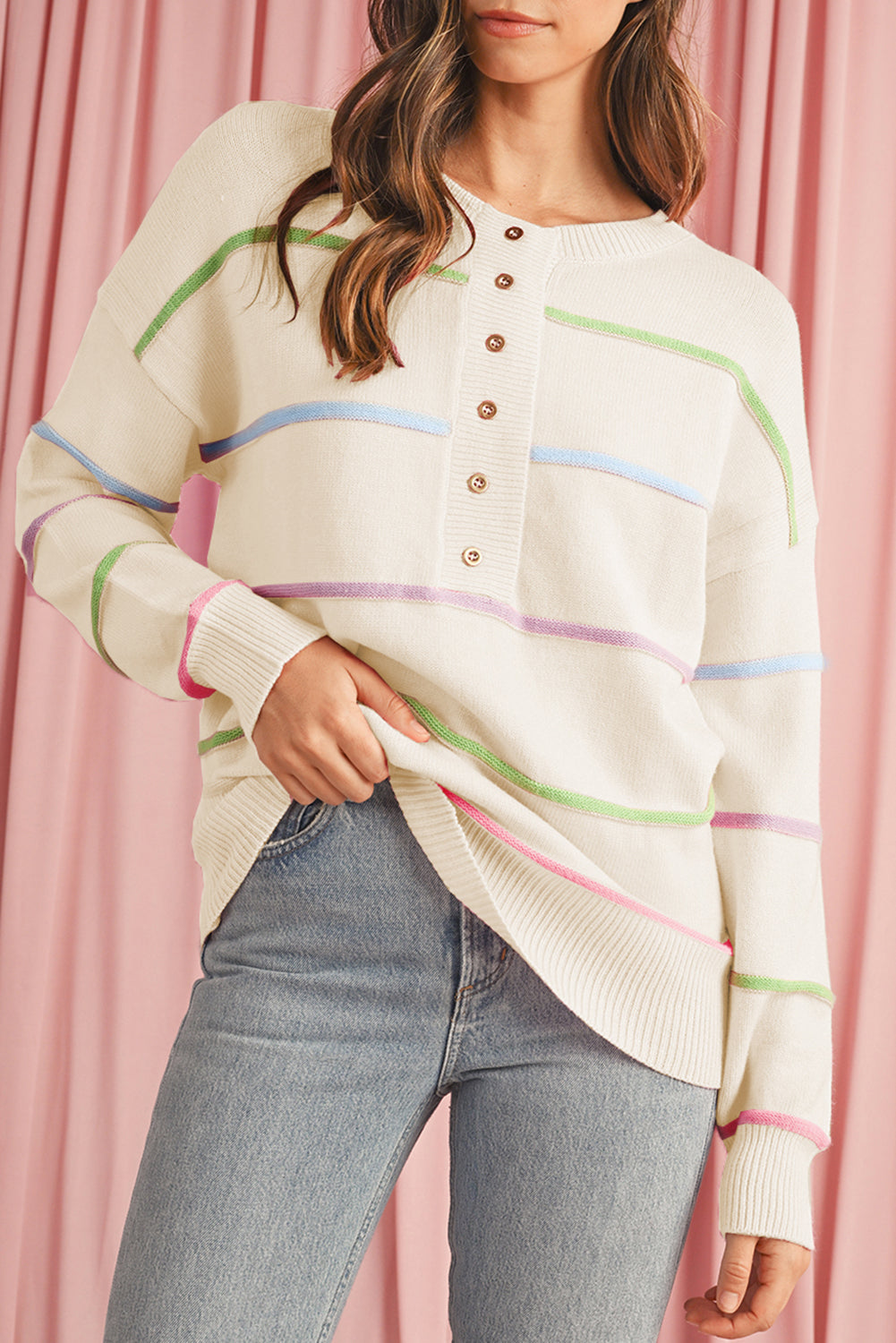 White Rainbow Striped Drop Sleeve Henley Sweater