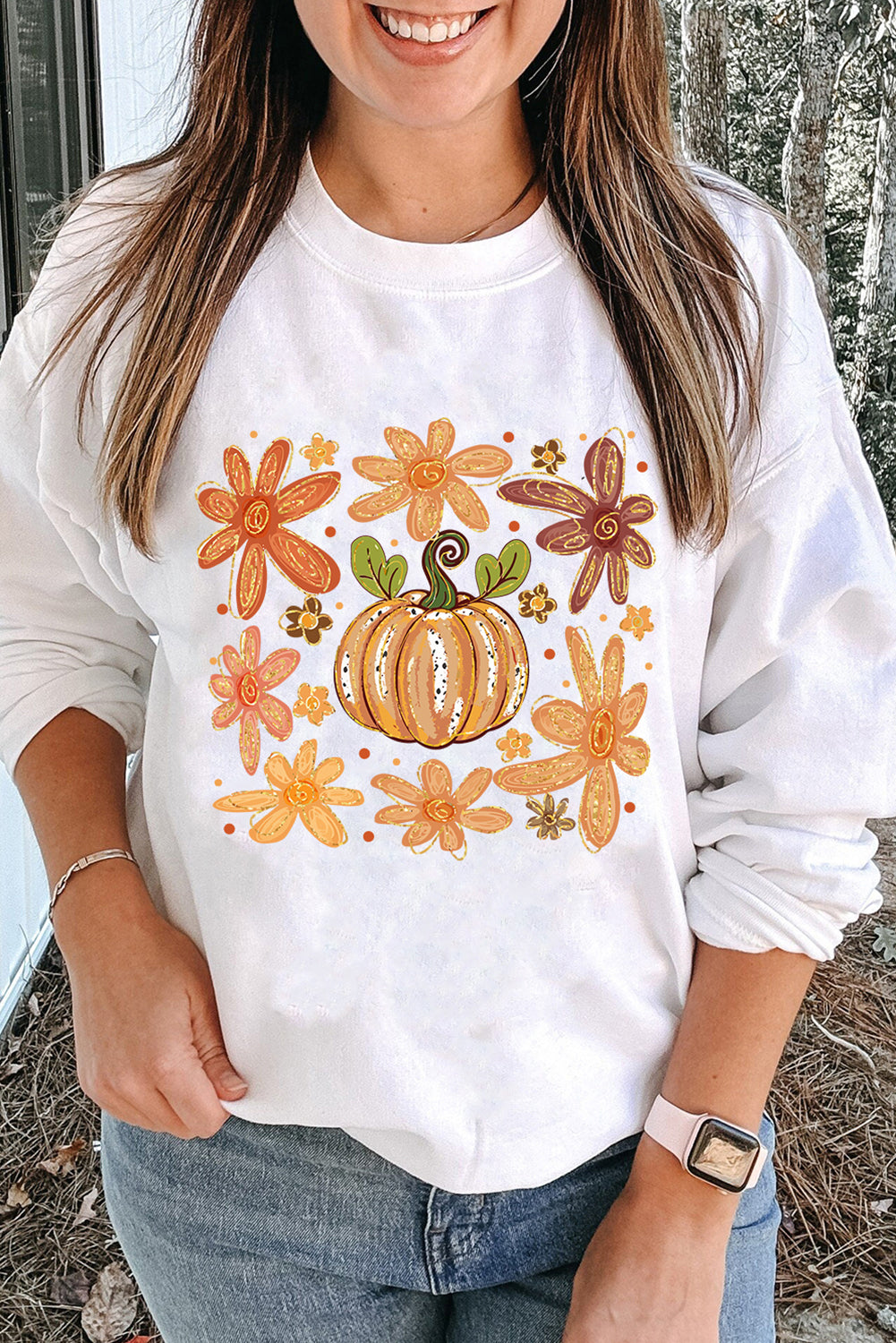White Flower Pumpkin Printed Cotton Blend Sweatshirt
