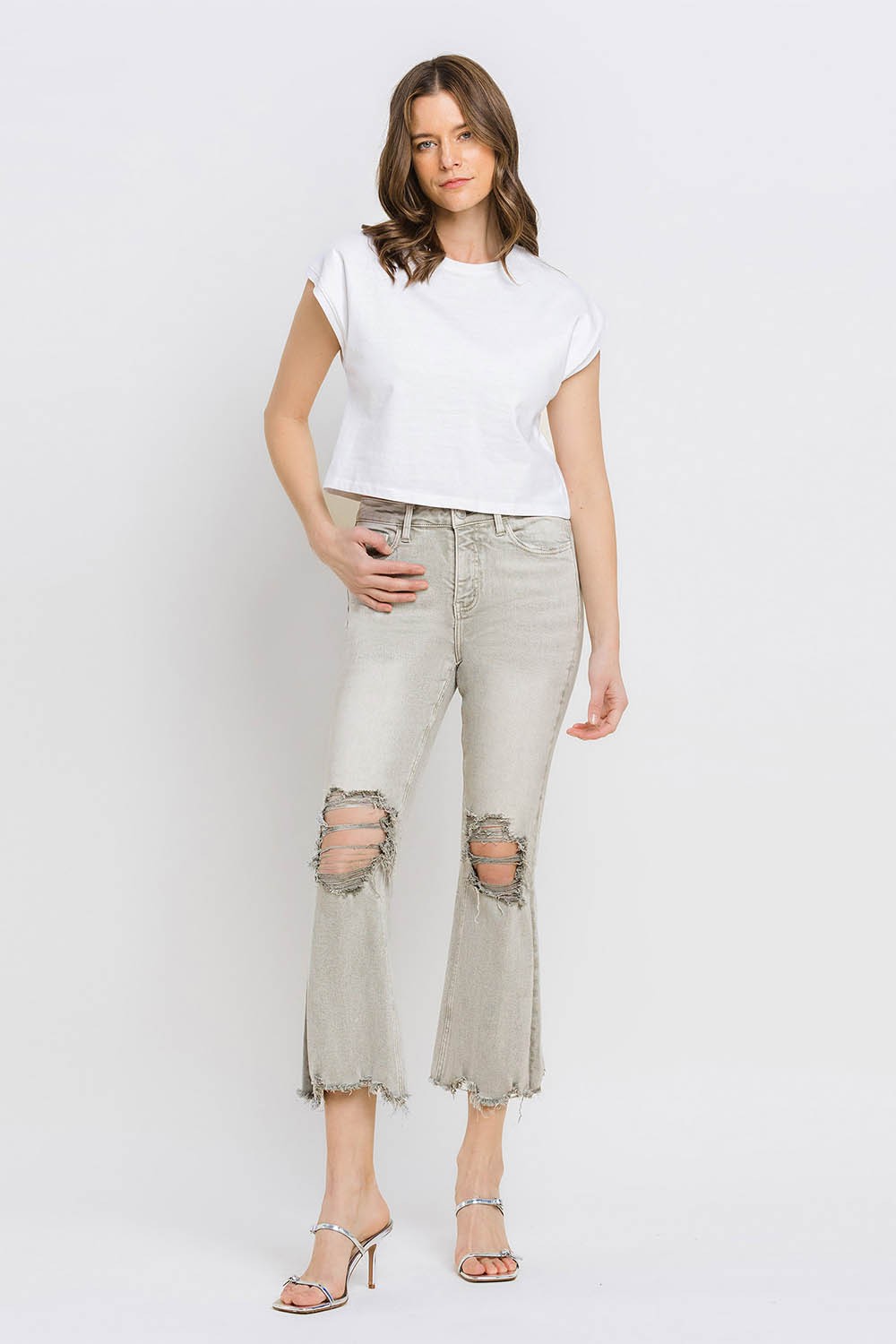 Lovervet Distressed Raw Hem Cropped Flare Jeans-2