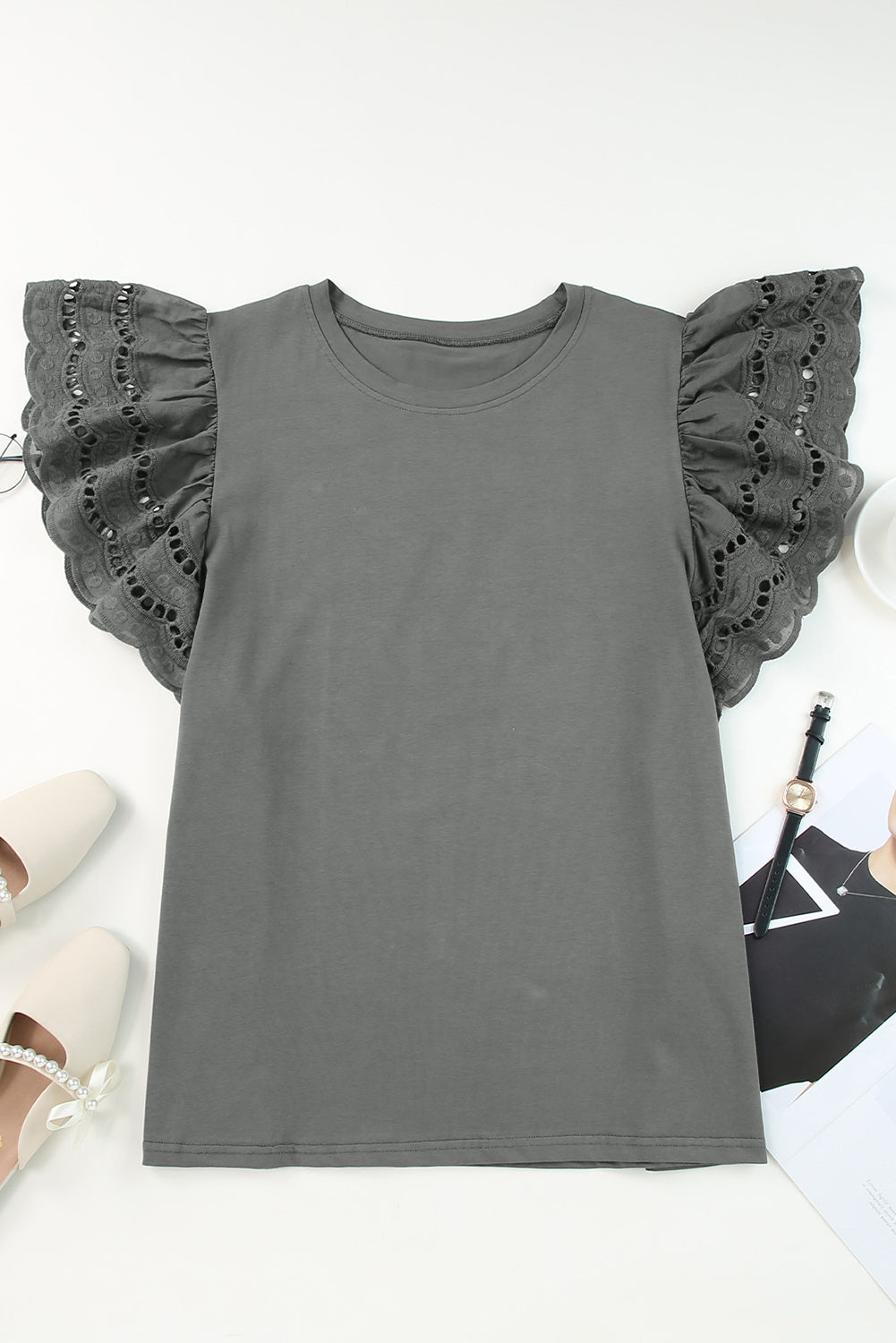 Gray Plus Size Flutter Sleeve Top