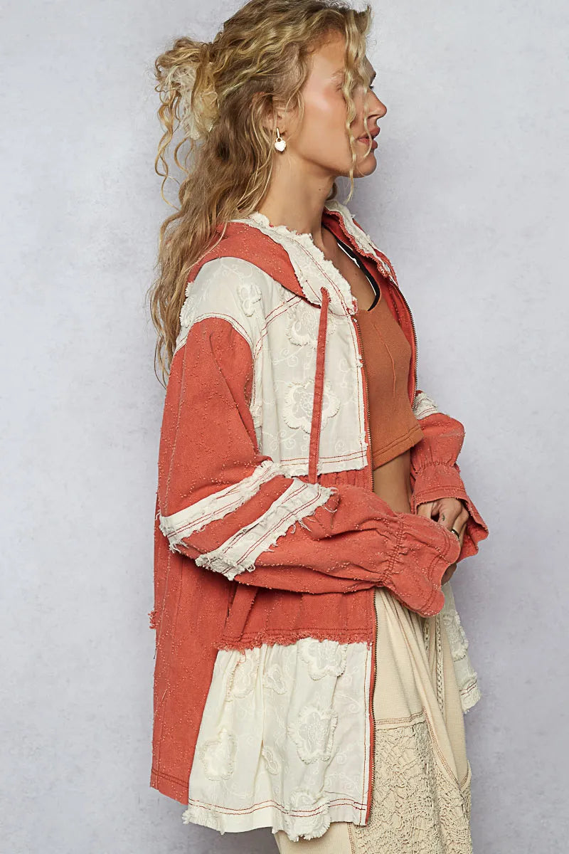 Raw Hem Color Block Hooded Jacket