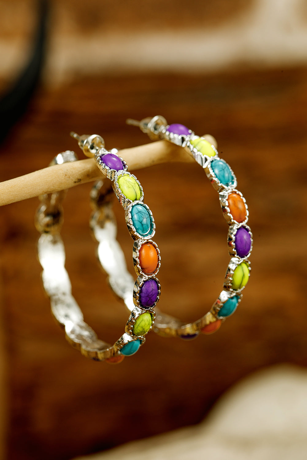 Silvery Boho Turquoise Beaded Hoop Earrings