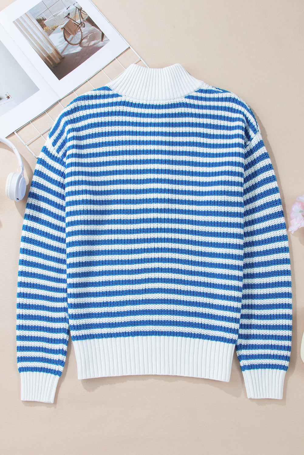Sky Blue Stripe Zip up Collar Drop Sleeve Sweater