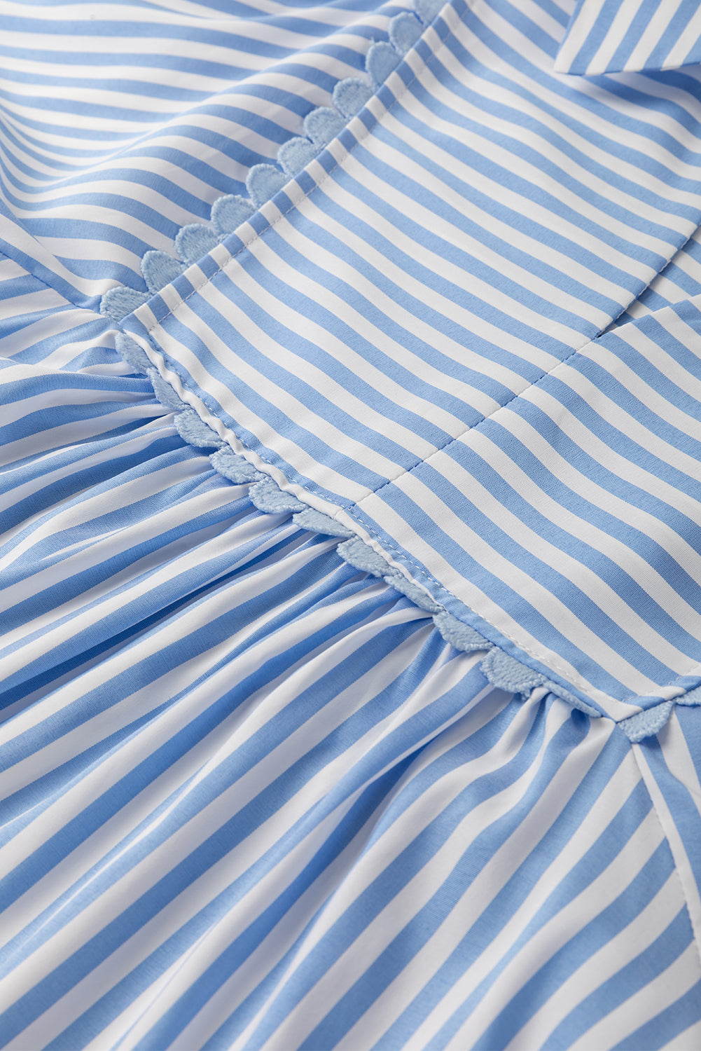 Sky Blue Striped Ric Rac Trim Collared V Neck Blouse