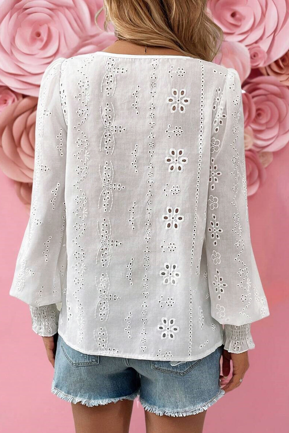 White Eyelet Embroidered Smocked Cuffs Blouse