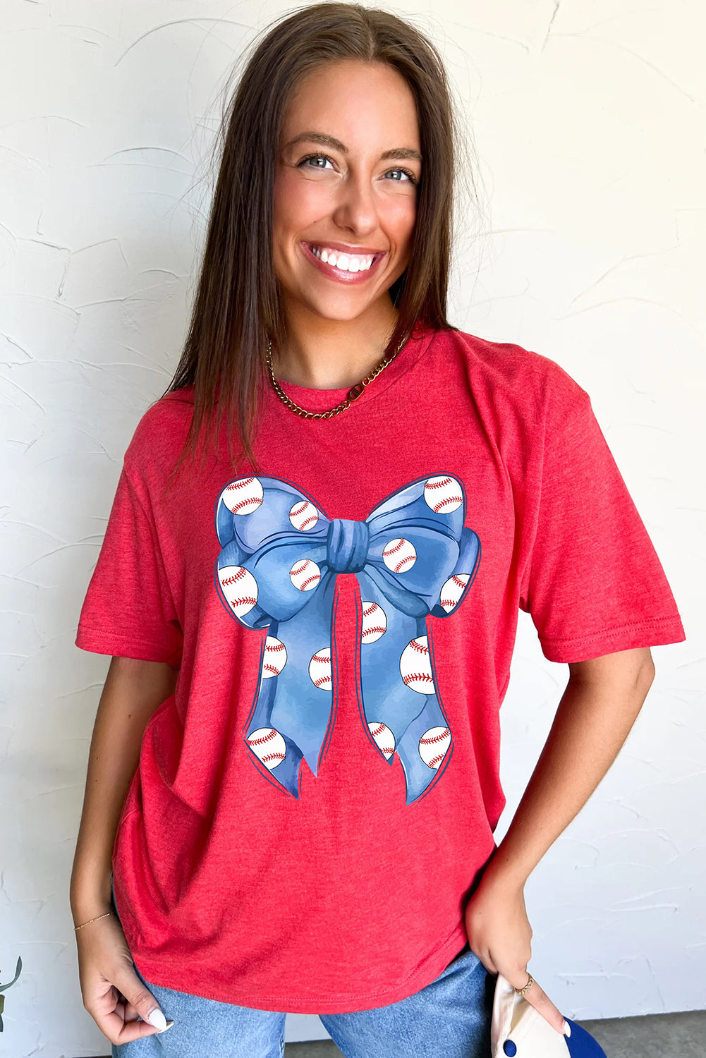 Red Baseball Bowknot Graphic Crew Neck Tee