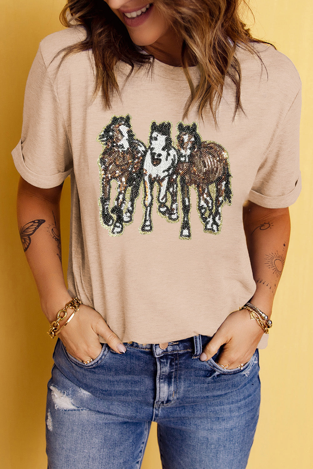 Khaki Sequin Horses Patched Casual Crewneck T Shirt