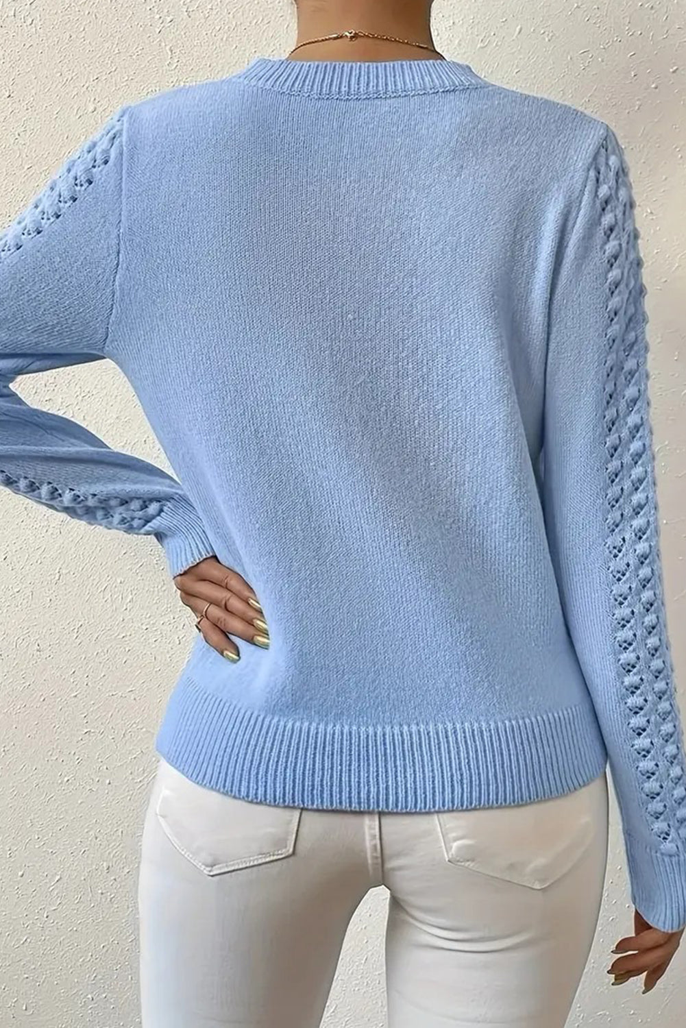 Sky Blue Hollow Out Round Neck Long Sleeve Sweater