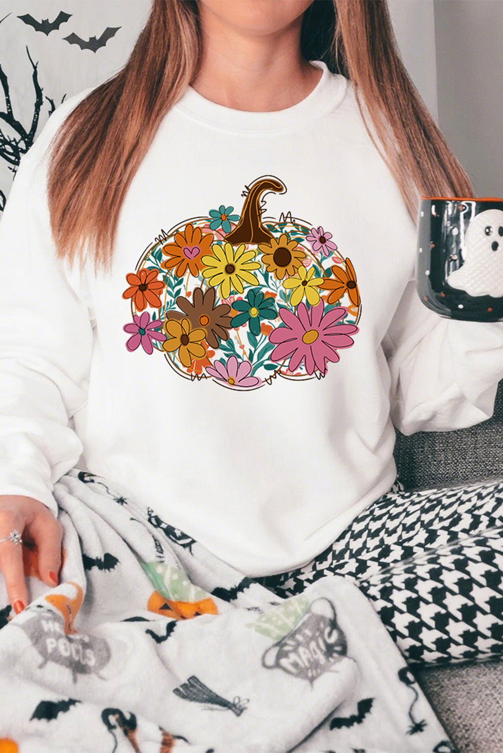 White Floral Pumpkin Custom Graphic Sweatshirt