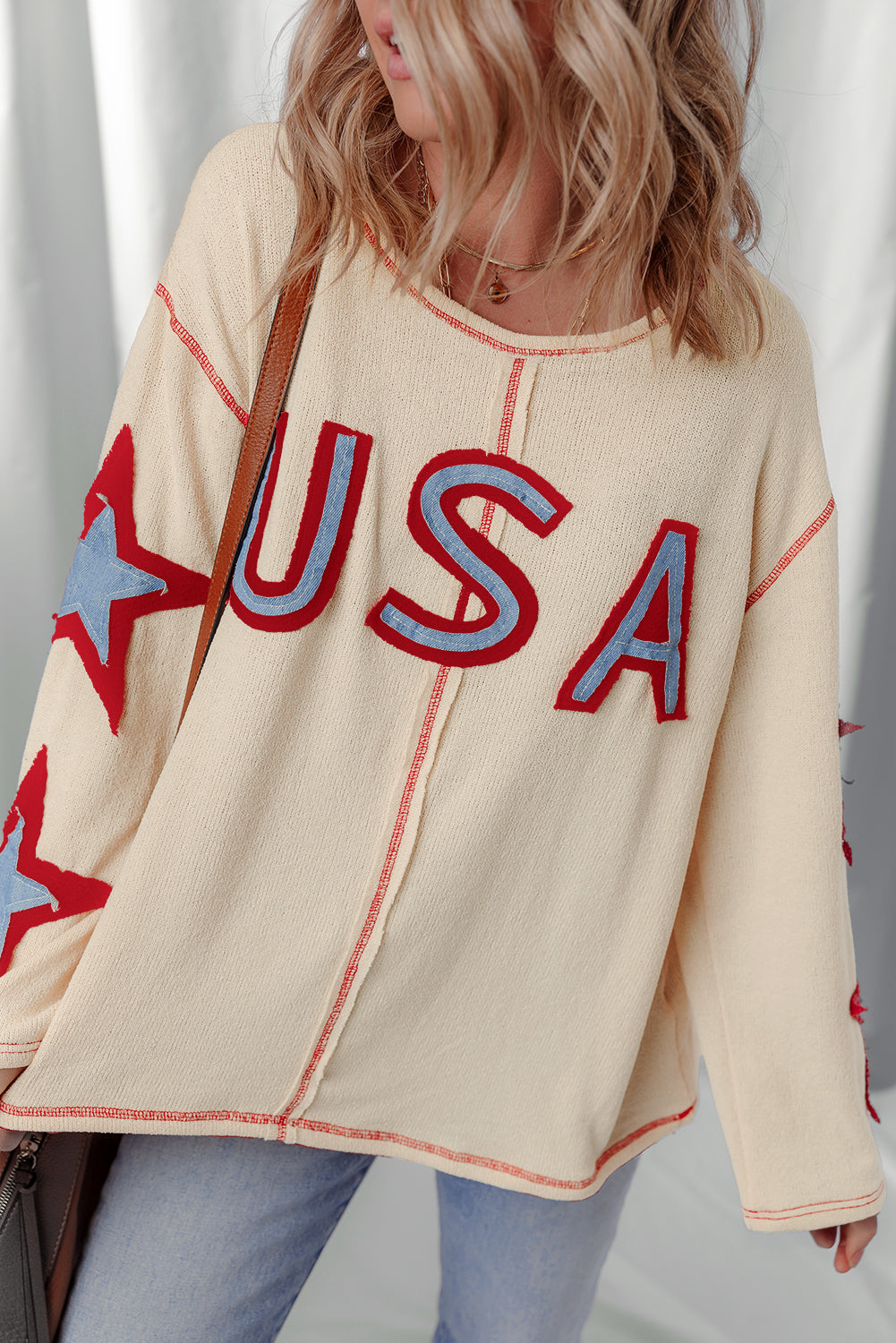 Beige USA Star Patchwork Exposed Seam Long Sleeve Top