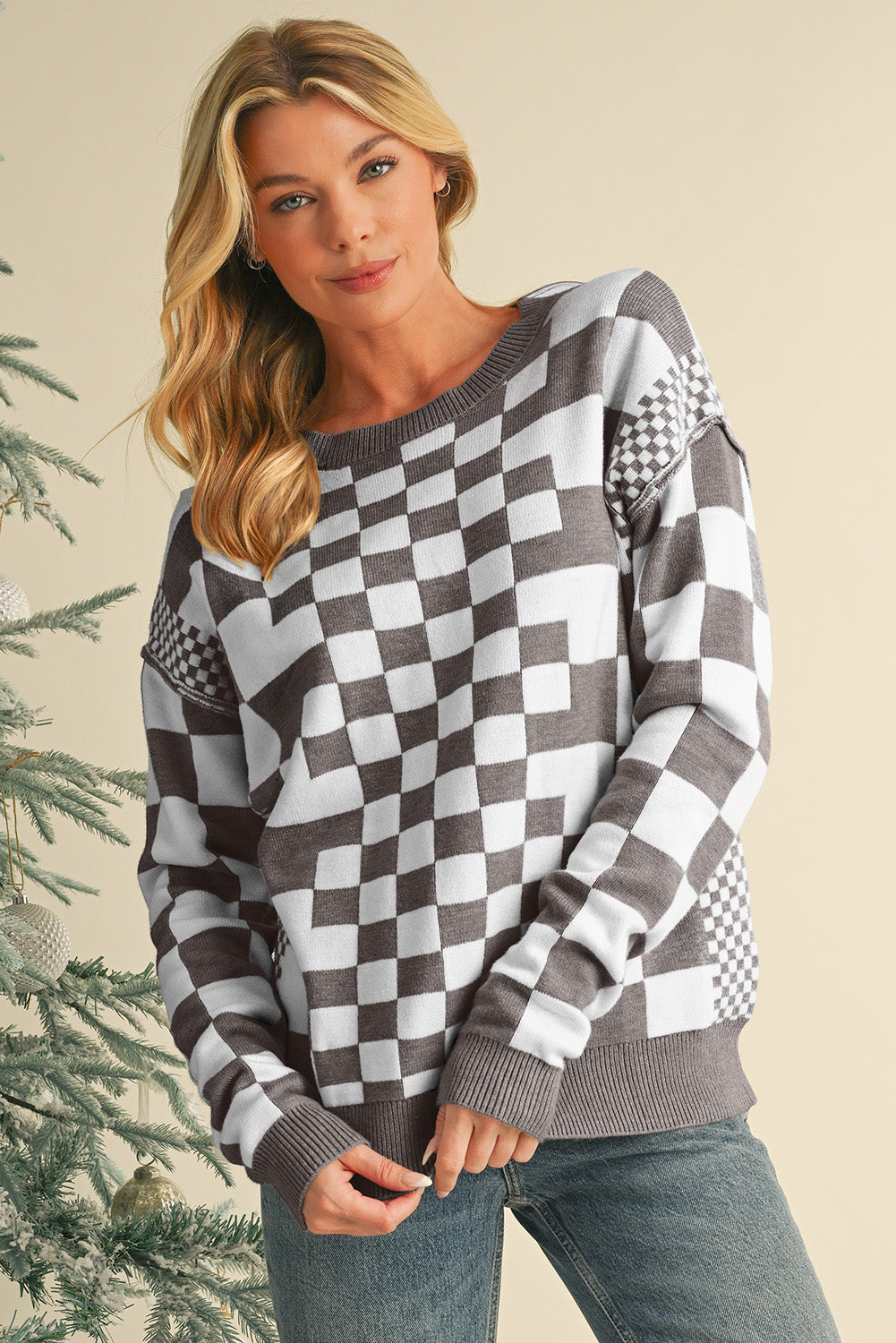 Gray Checkered Drop Shoulder Round Neck Sweater