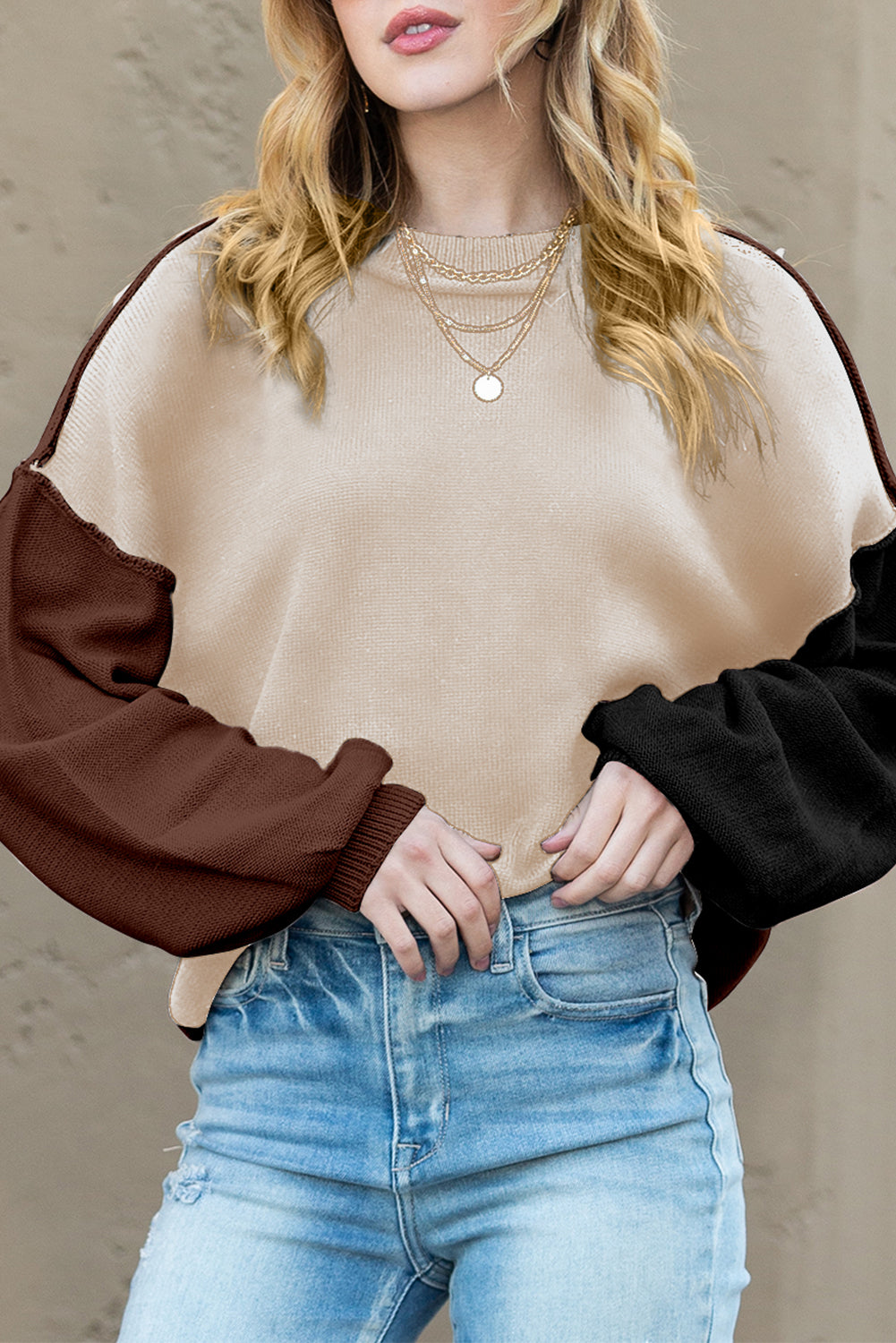 Brown Colorblock Bishop Sleeve Exposed Seam Ribbed Trim Sweater