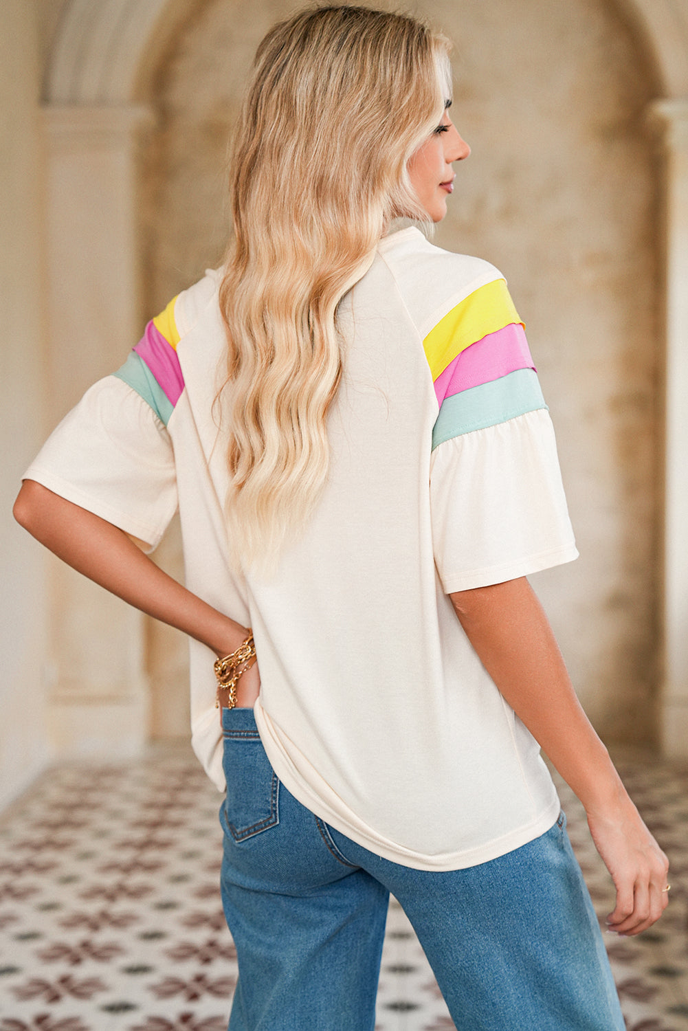 White Colorblock Short Sleeve Round Neck T-Shirt