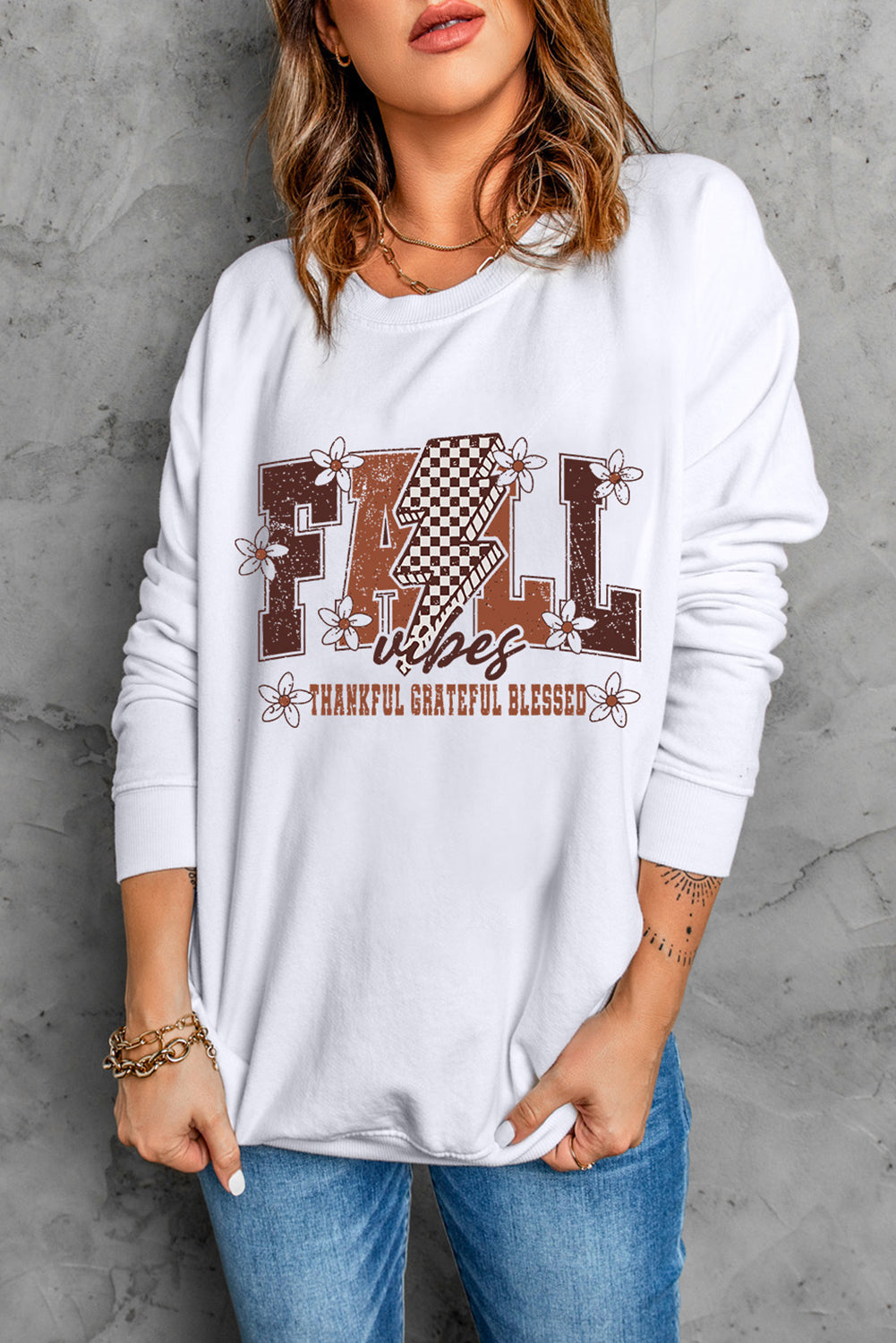 White FALL THANKFUL GRATEFUL BLESSED Graphic Drop Shoulder Sweatshirt