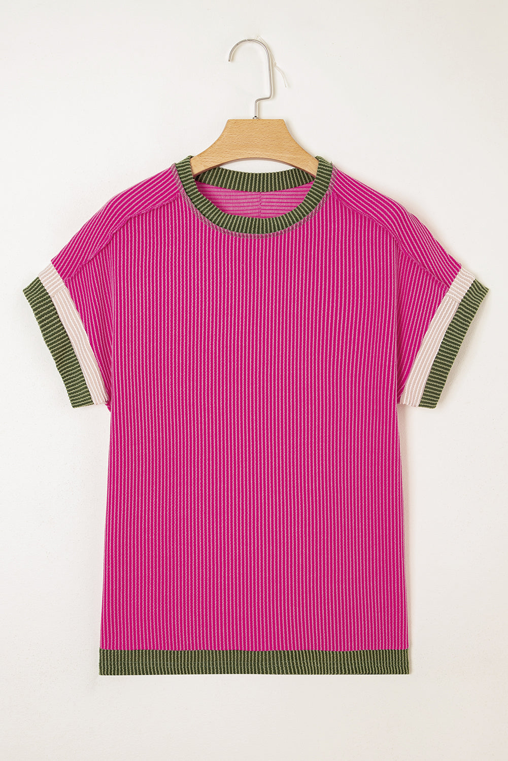Rose Red Textured Colorblock Round Neck T Shirt