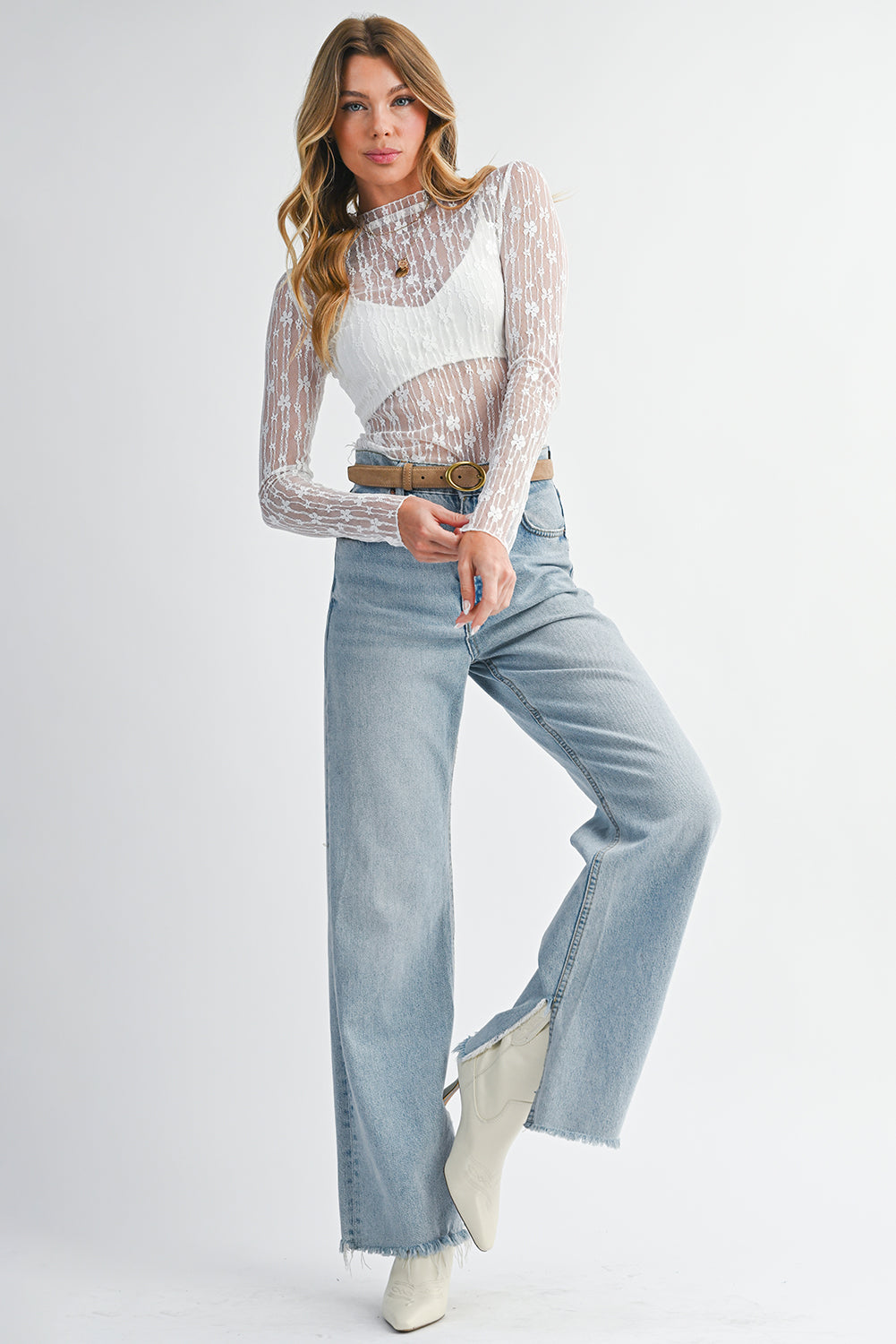 White Sheer Floral Lace Long Sleeve Slim Fit Top