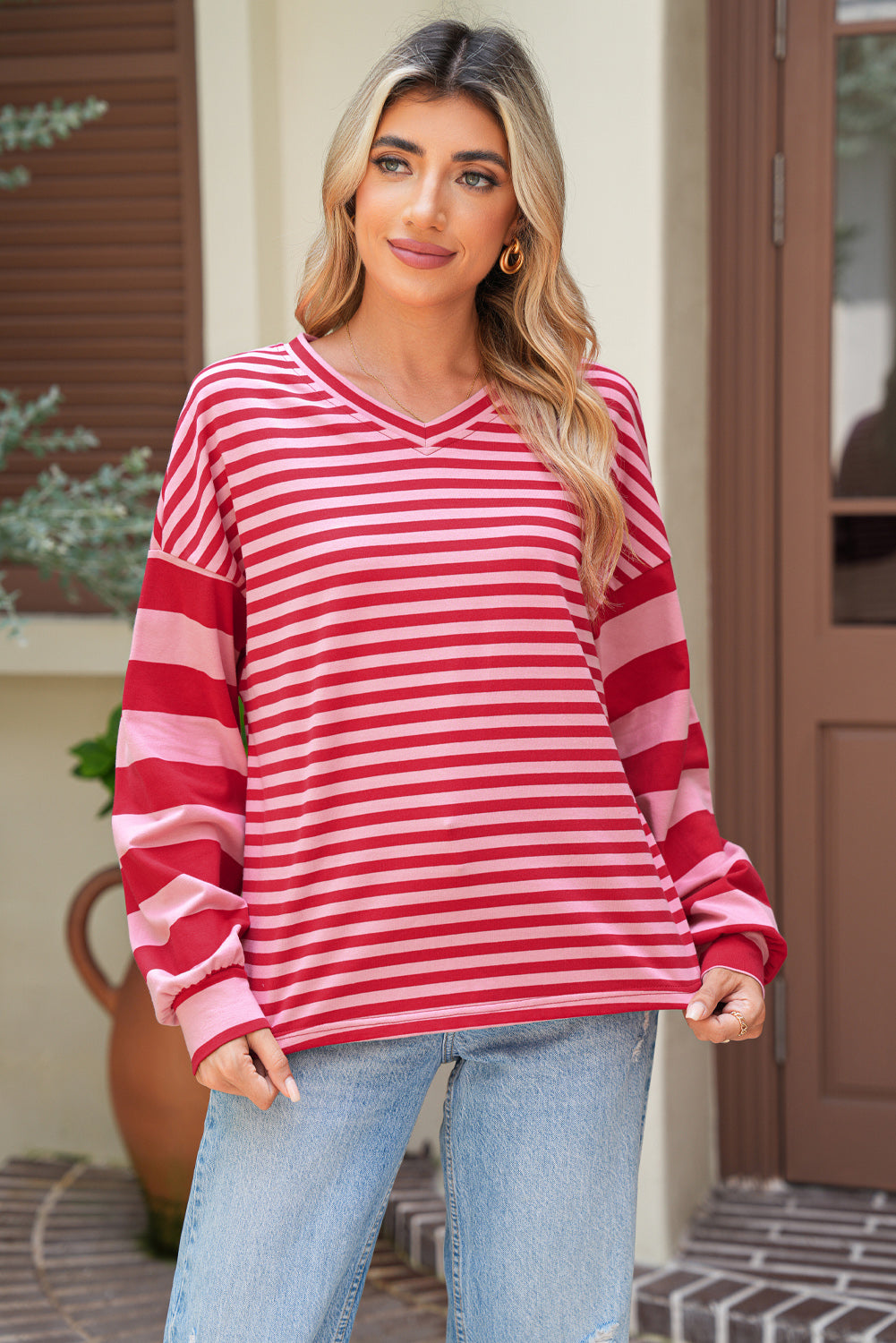 Strawberry Pink Striped V Neck Drop Sleeve Top