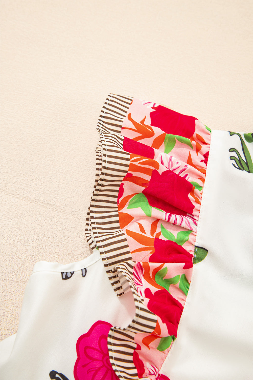 Pink Floral Print Striped Patchwork Flutter Sleeve Blouse