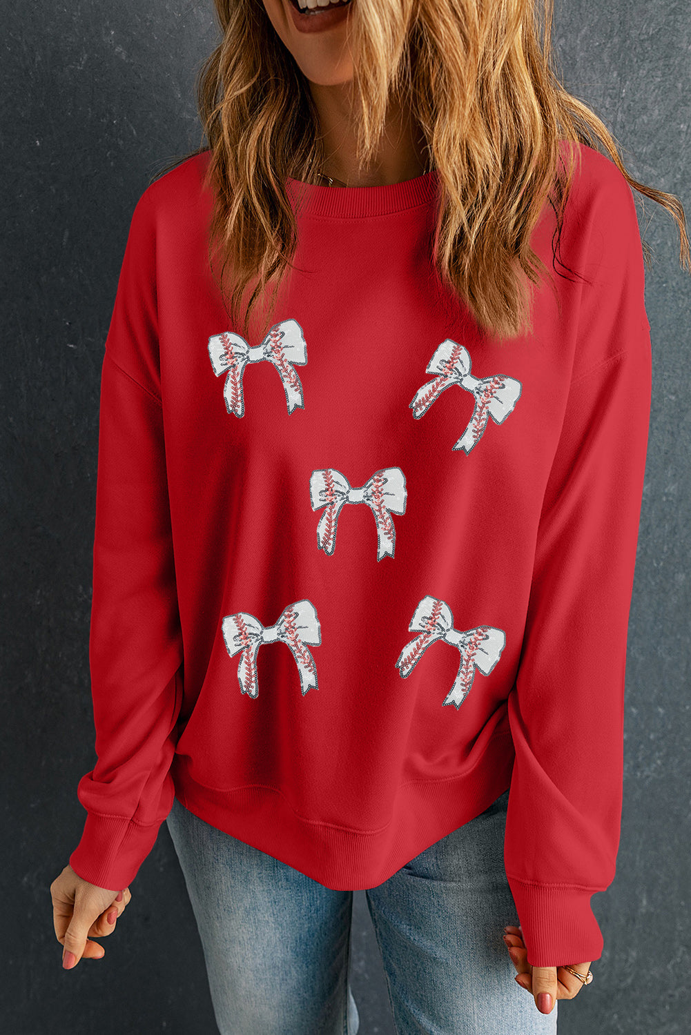 Red Sequined Baseball Bow Graphic Plus Size Sweatshirt
