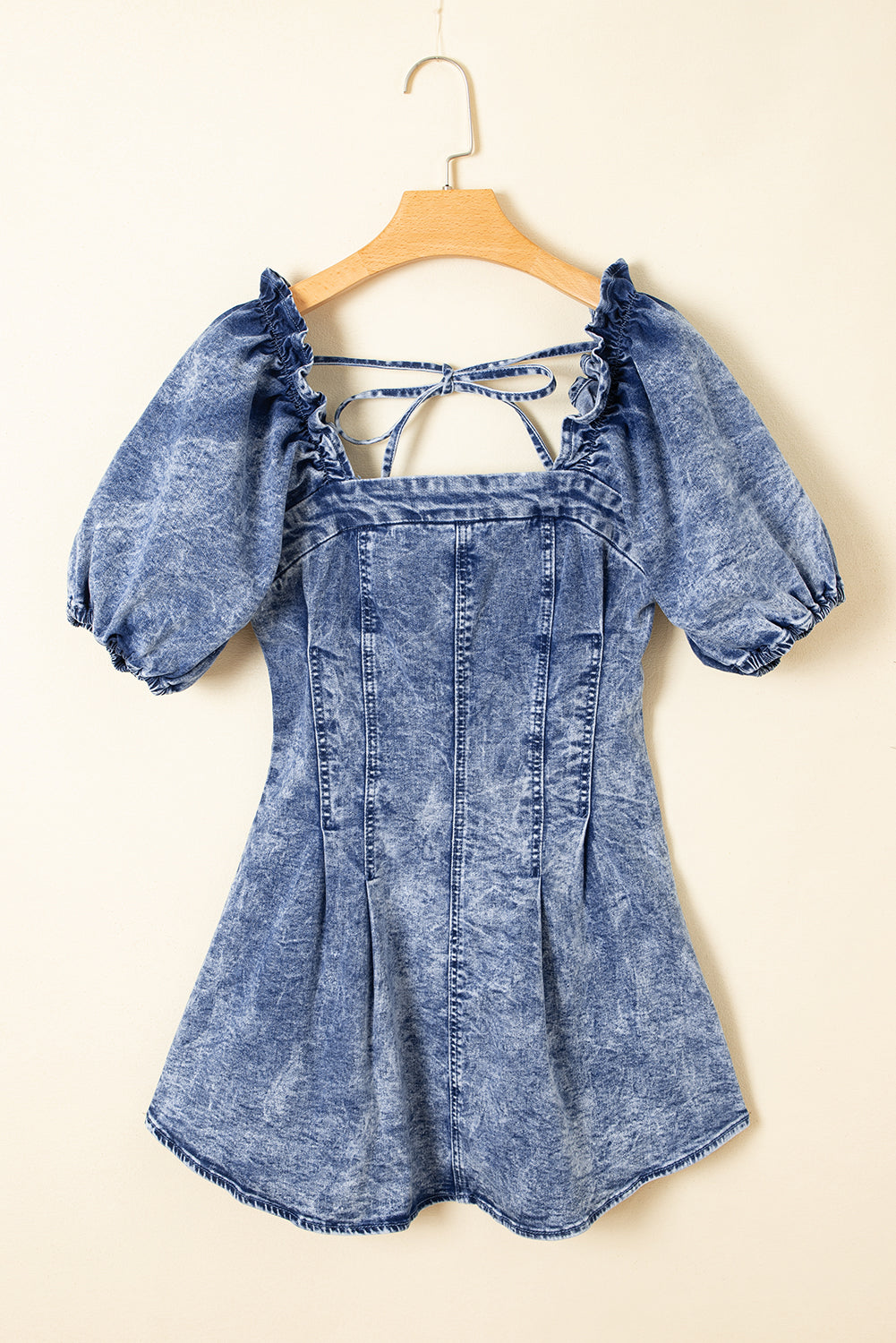 Blue Frill Square Neck Puff Sleeve Backless Denim Dress
