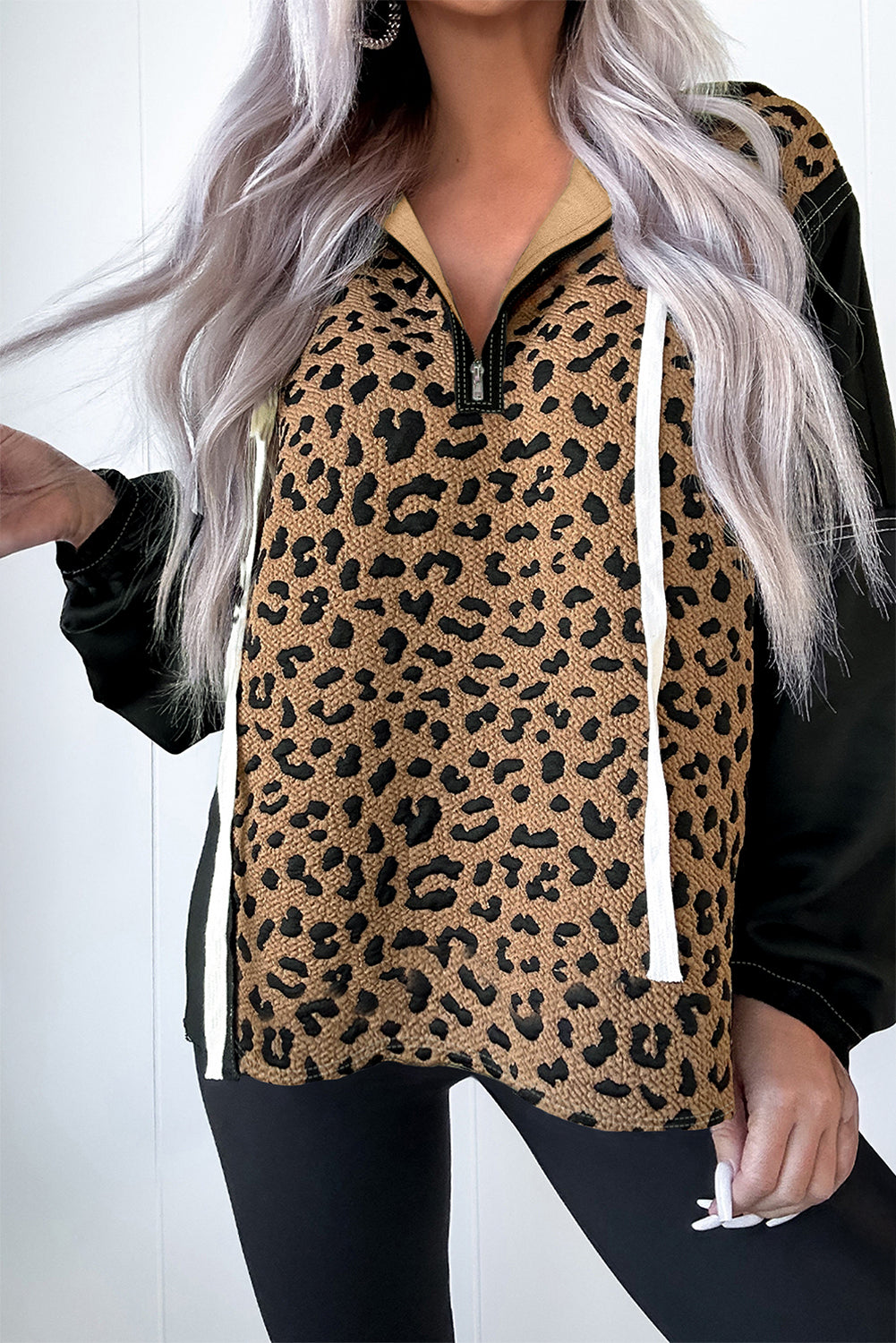 Brown Leopard Patchwork Quarter Zip Hoodie