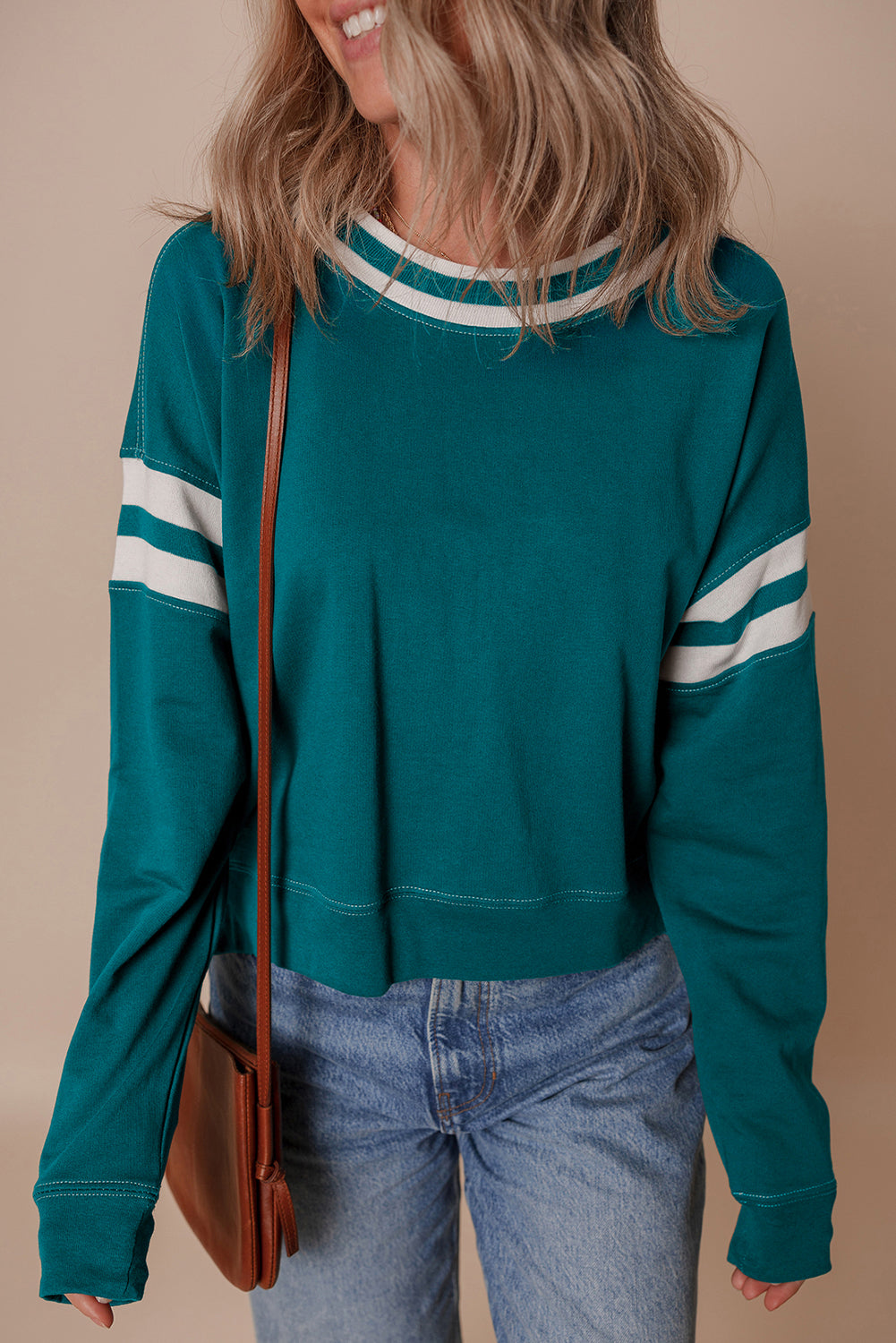 Blackish Green Contrast Striped Patchwork Drop Shoulder Sweatshirt