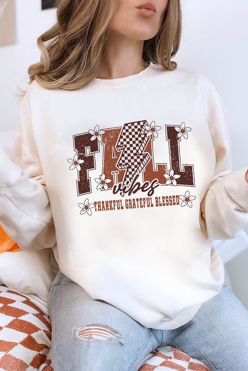 White FALL THANKFUL GRATEFUL BLESSED Graphic Drop Shoulder Sweatshirt