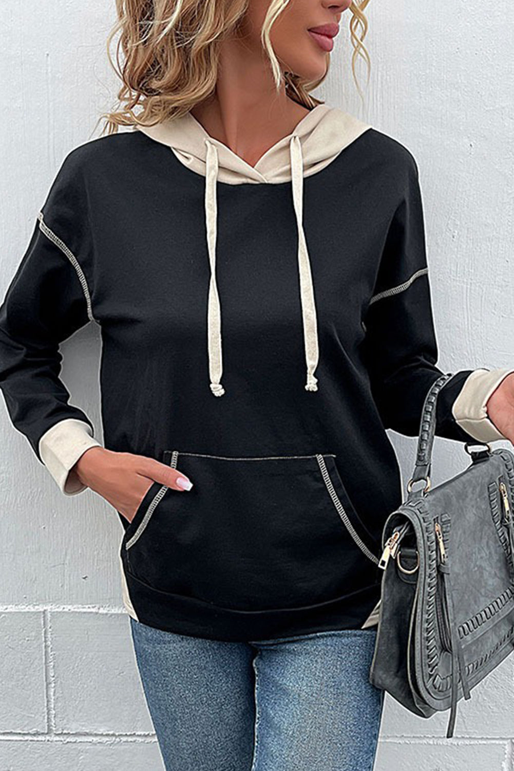 Black Contrast Trim Kangaroo Pocket Hoodie
