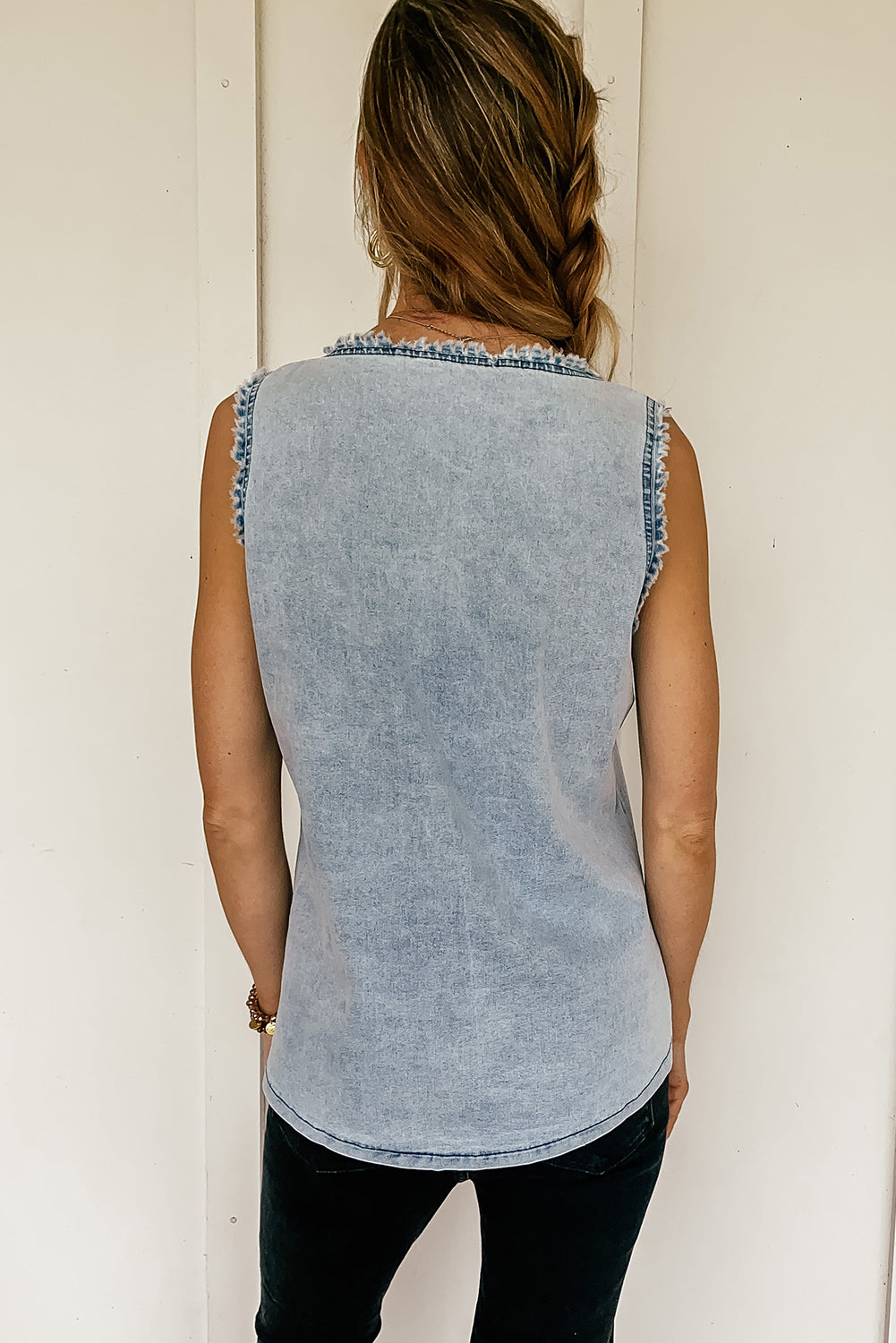 Beau Blue Mineral Wash Denim Frayed U Neck Sleeveless Top