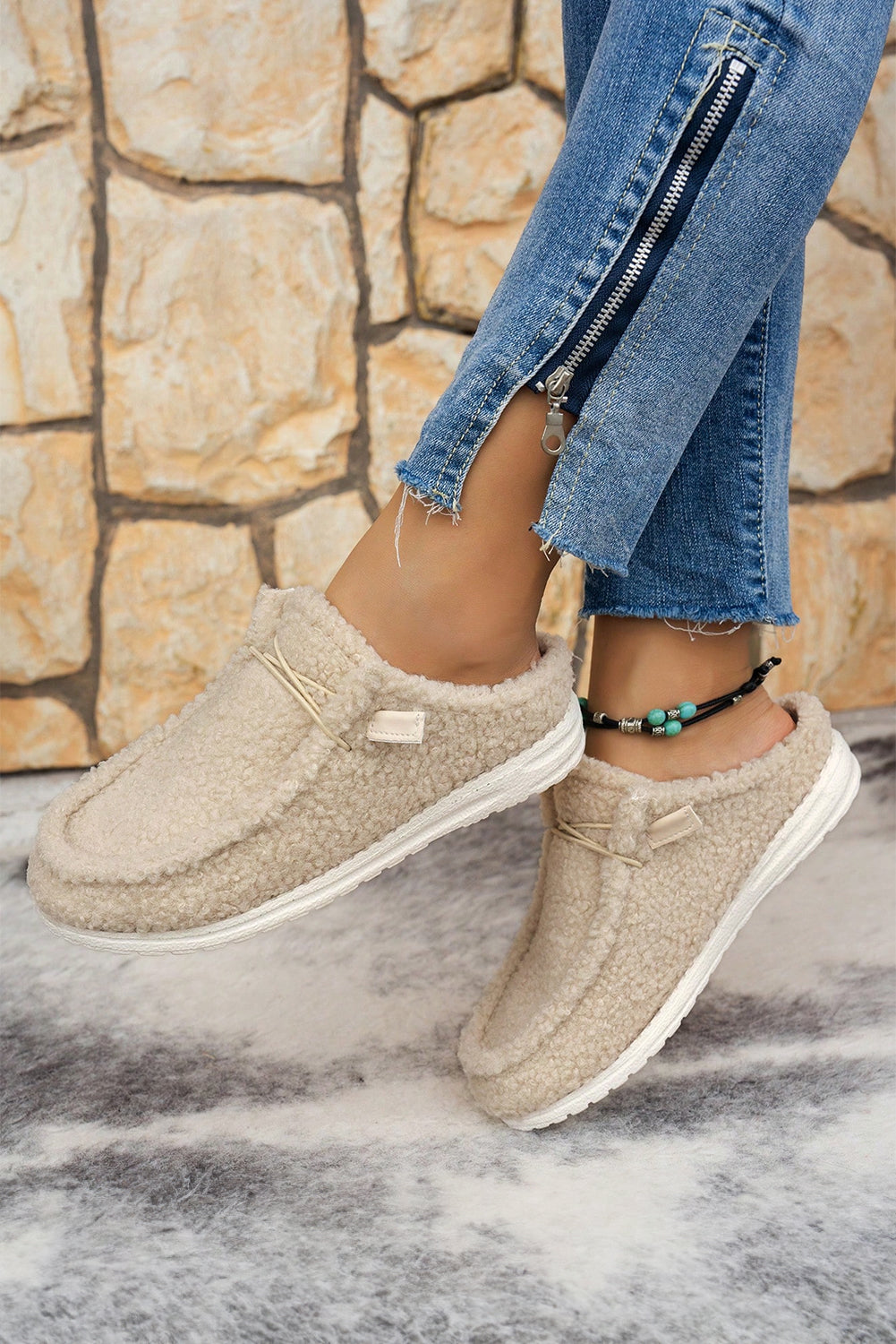 White Plush Slip On Casual Shoes