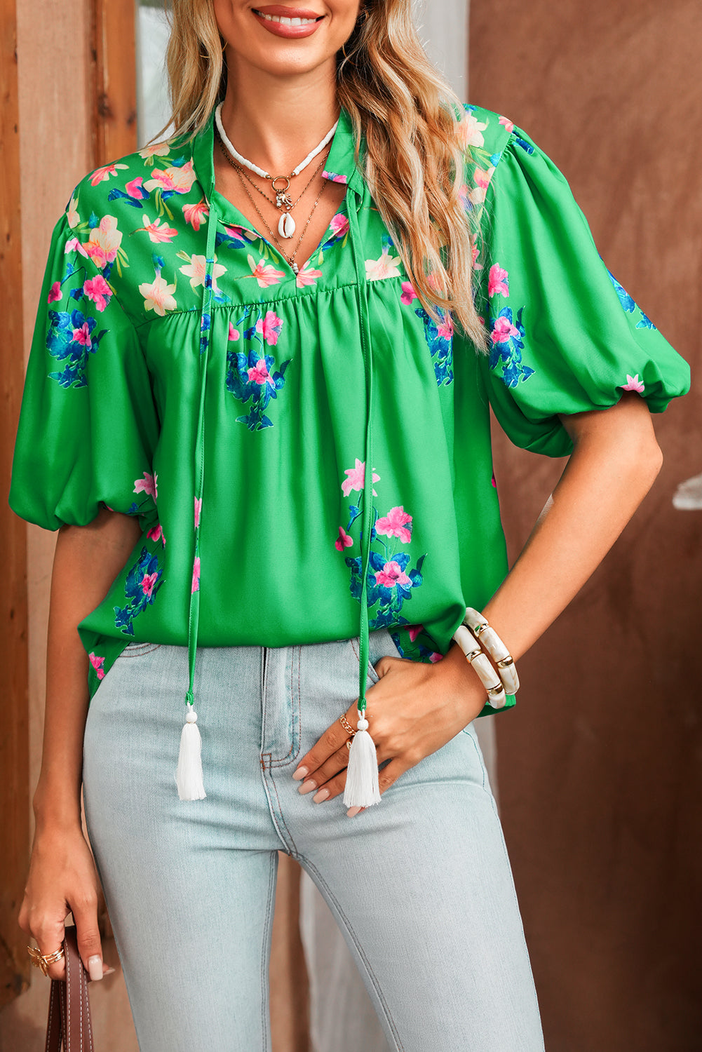 Green Floral Detail Tie Split Neck Puff Sleeve Blouse