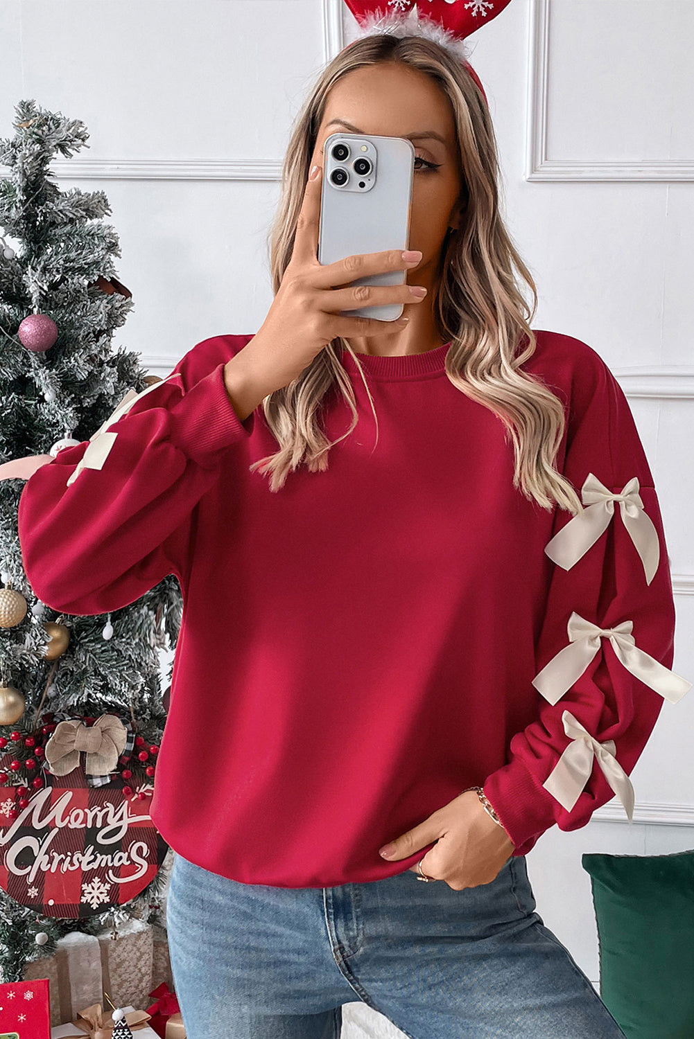 Fiery Red Sweet Bowknot Round Neck Sweatshirt