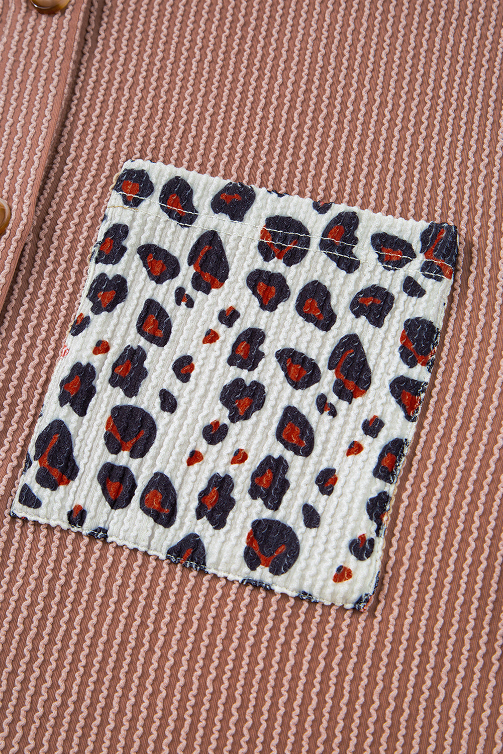 Dark Khaki Leopard Patchwork Twisted Ribbed Casual Shacket