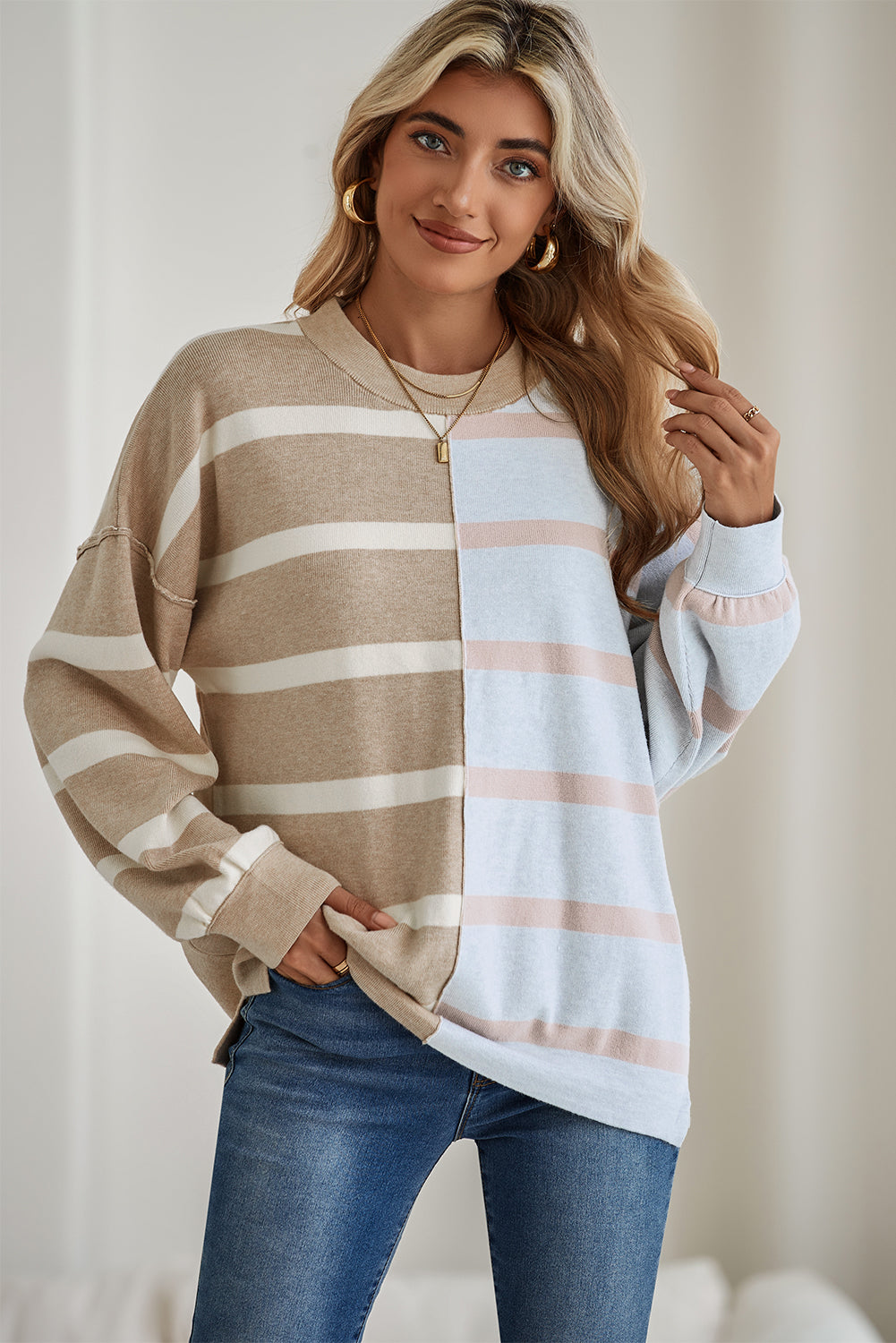 Khaki Stripe Exposed Seam Loose Sweater