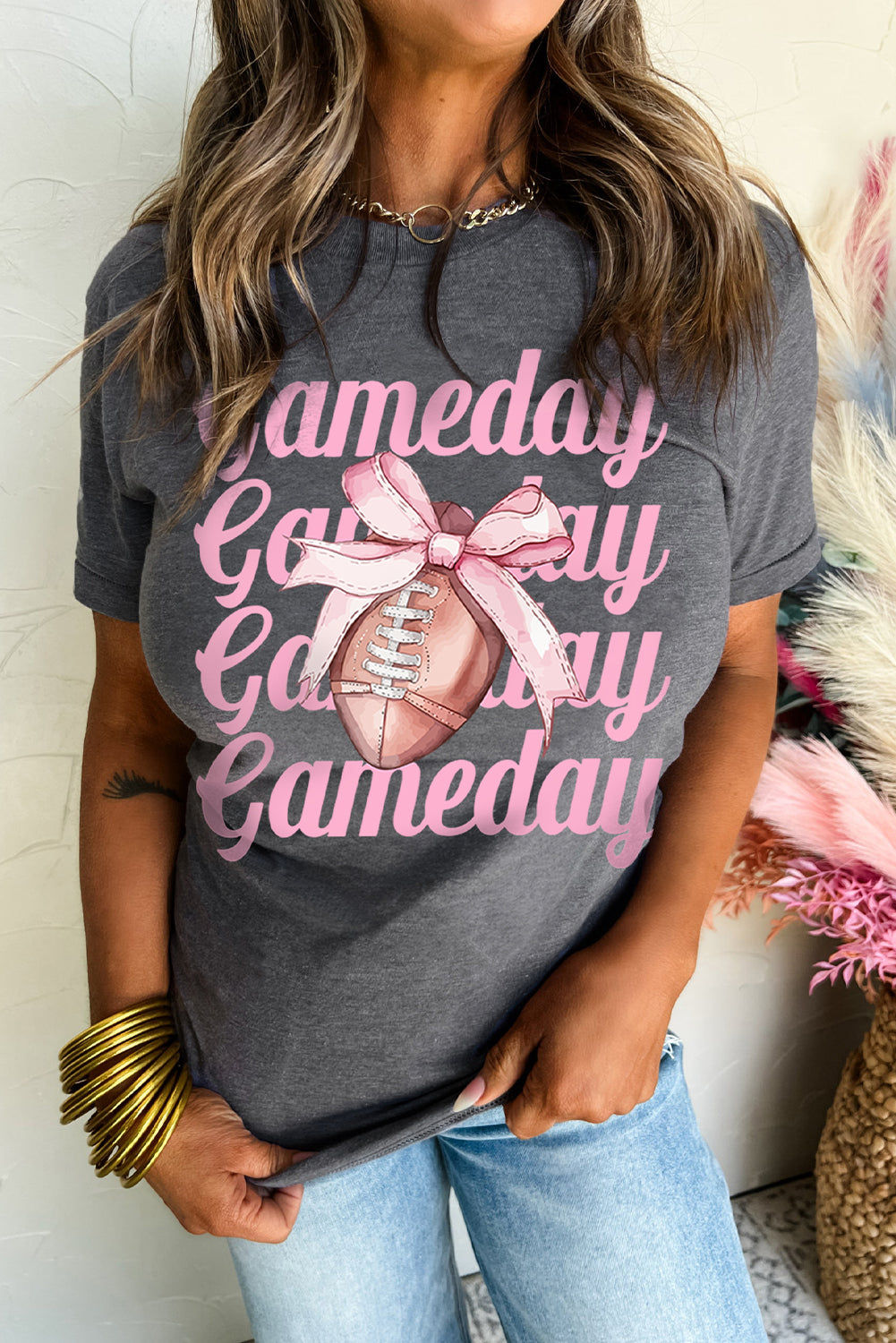 Gray Game Day Bowknot Football Graphic Casual Tee