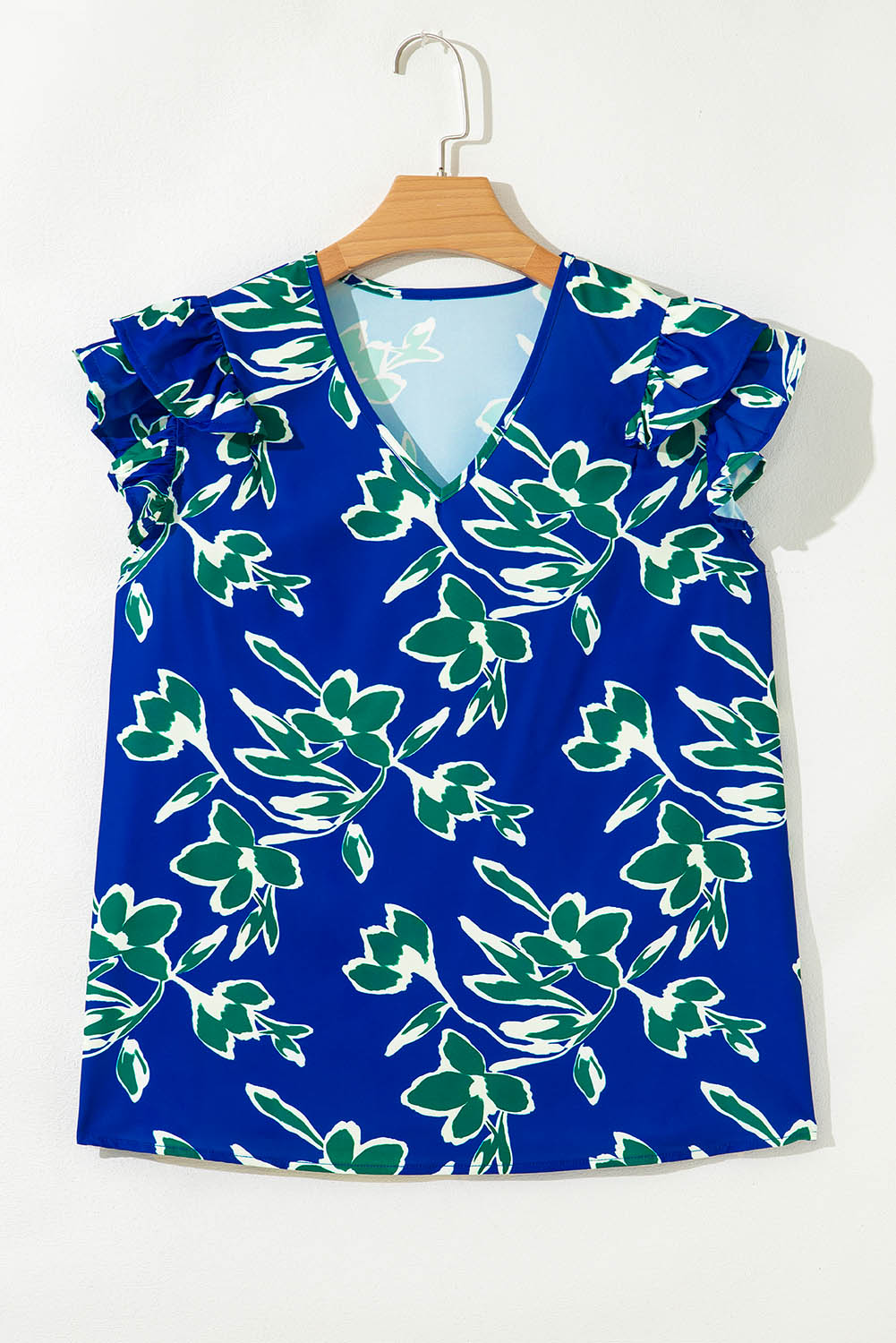 Blue V Neck Floral Print Ruffle Short Sleeve Blouse