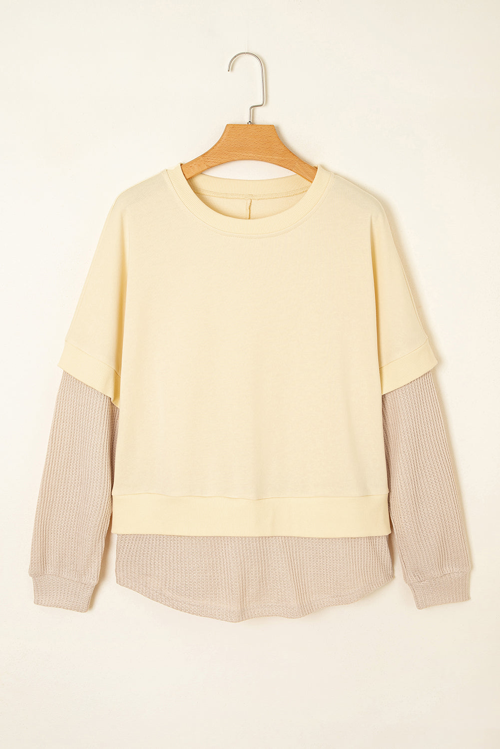 Apricot Fake Two-Piece Waffle Patchwork Sweatshirt