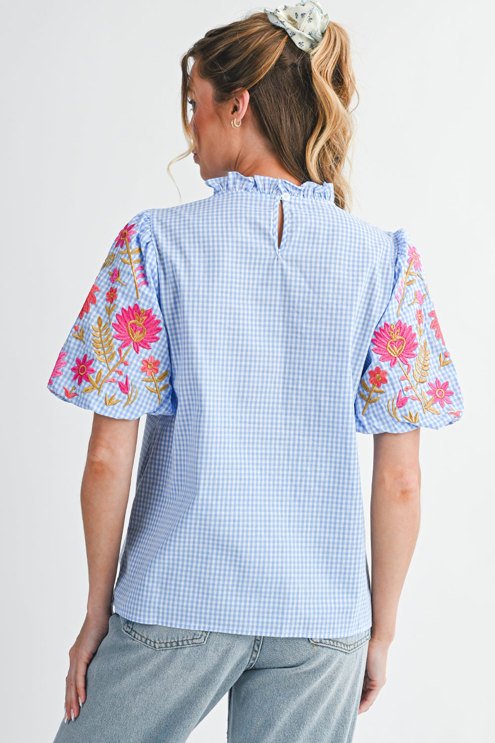 Light Blue Flower Embroidered Puff Sleeve Gingham Blouse