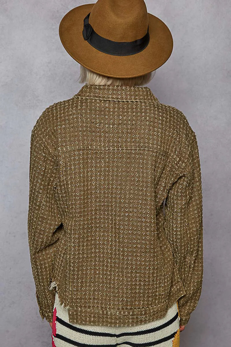 Raw Hem Button Up Jacket with Chest Pockets
