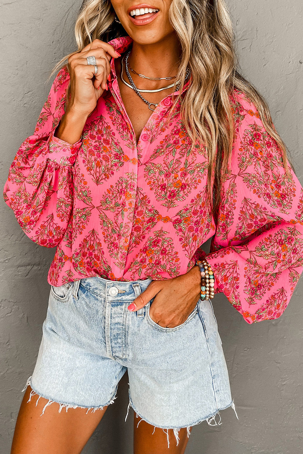 Strawberry Pink Floral Print Collared Button Up Puff Sleeve Shirt