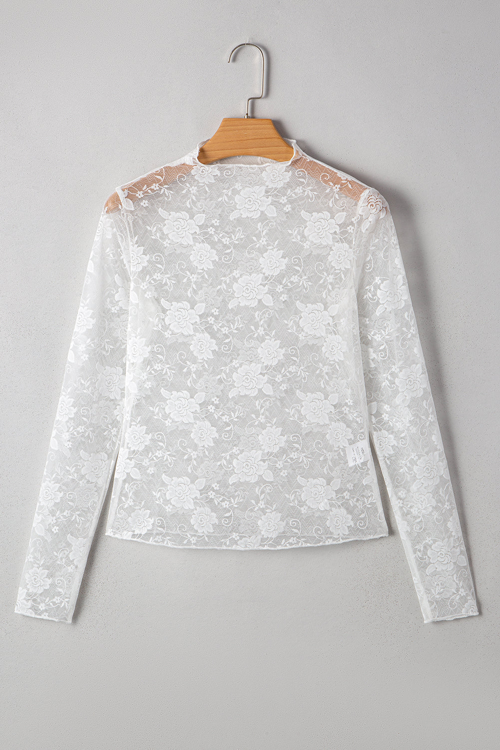 White Mock Neck Floral Lace Mesh Long Sleeve Top