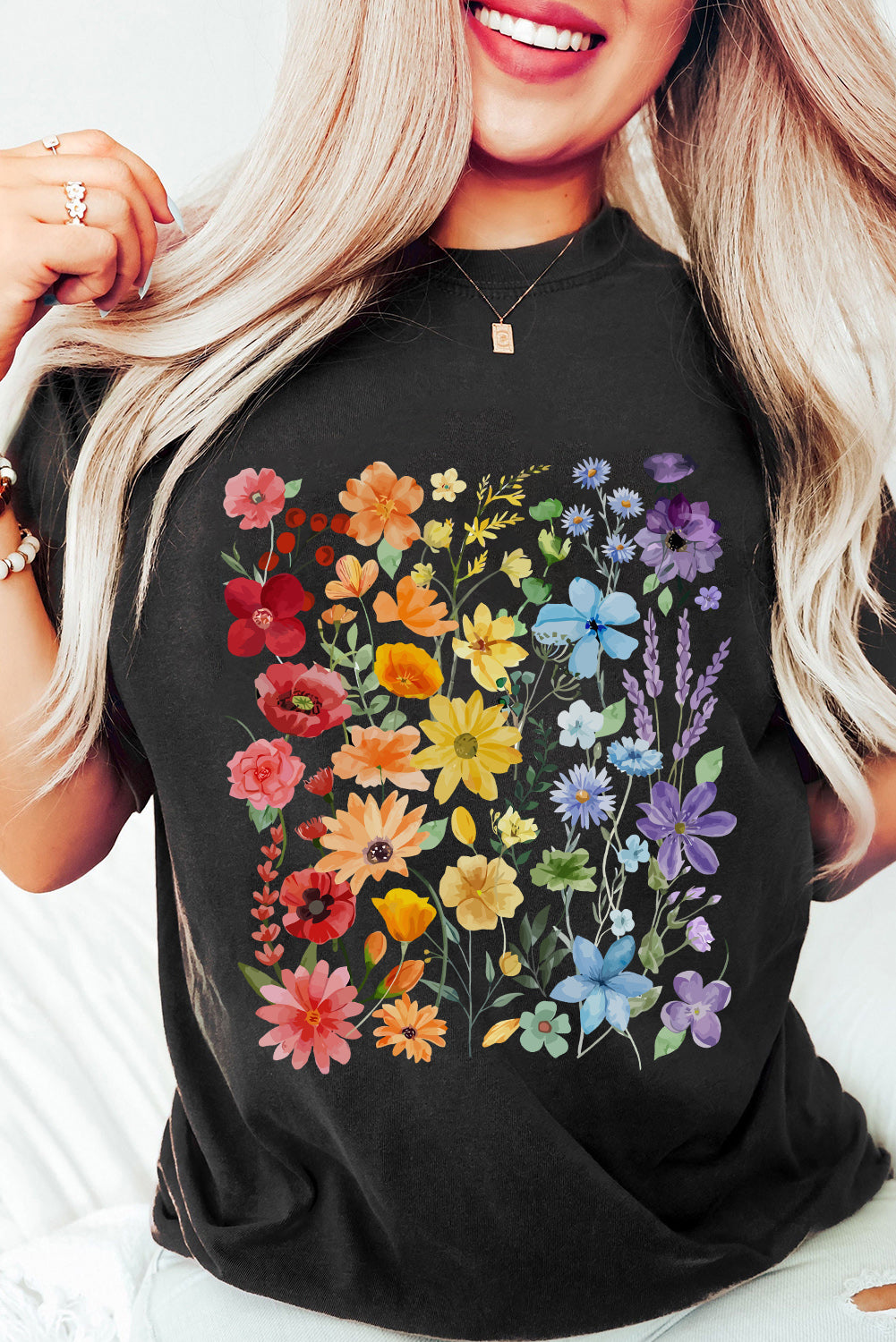 Black Flower Print Cotton Blend Casual Tee