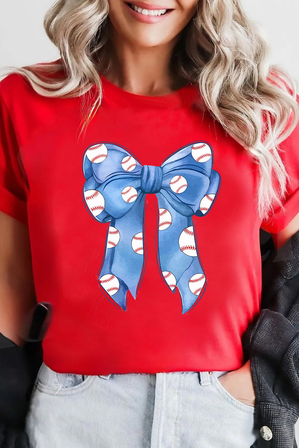 Red Baseball Bowknot Graphic Crew Neck Tee