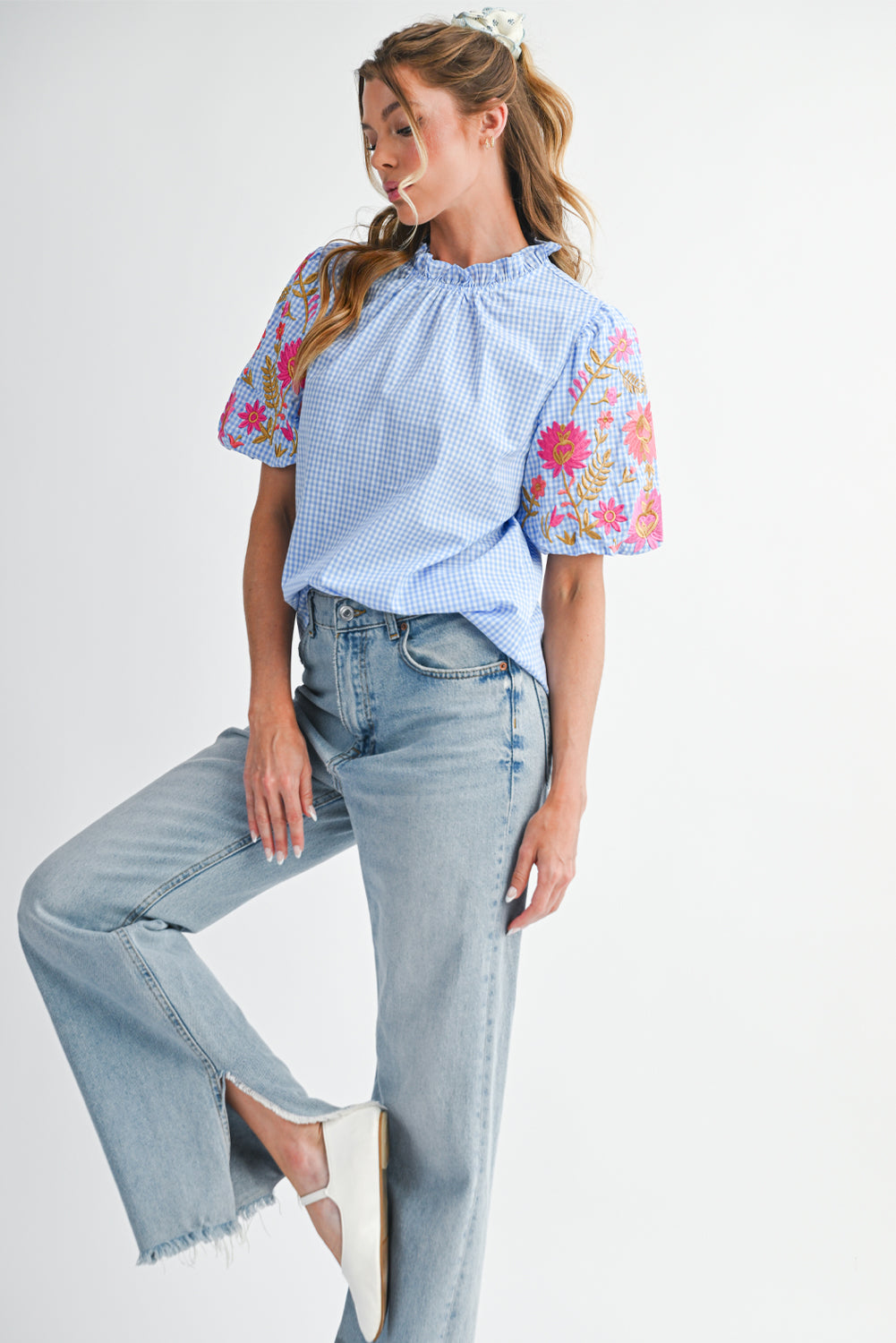 Light Blue Flower Embroidered Puff Sleeve Gingham Blouse