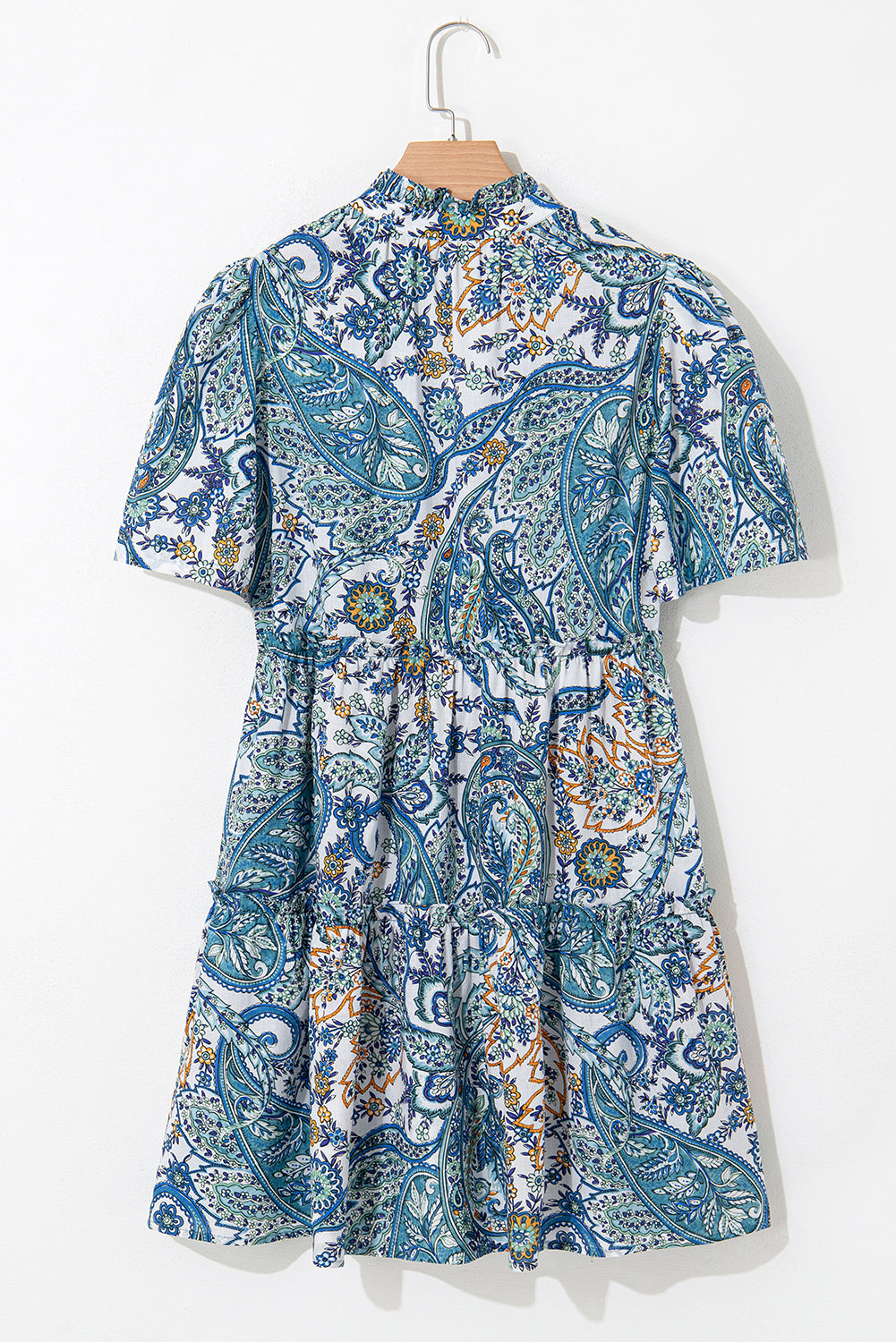 Blue Bohemian Paisley Floral V Neck Puff Sleeve Mini Dress