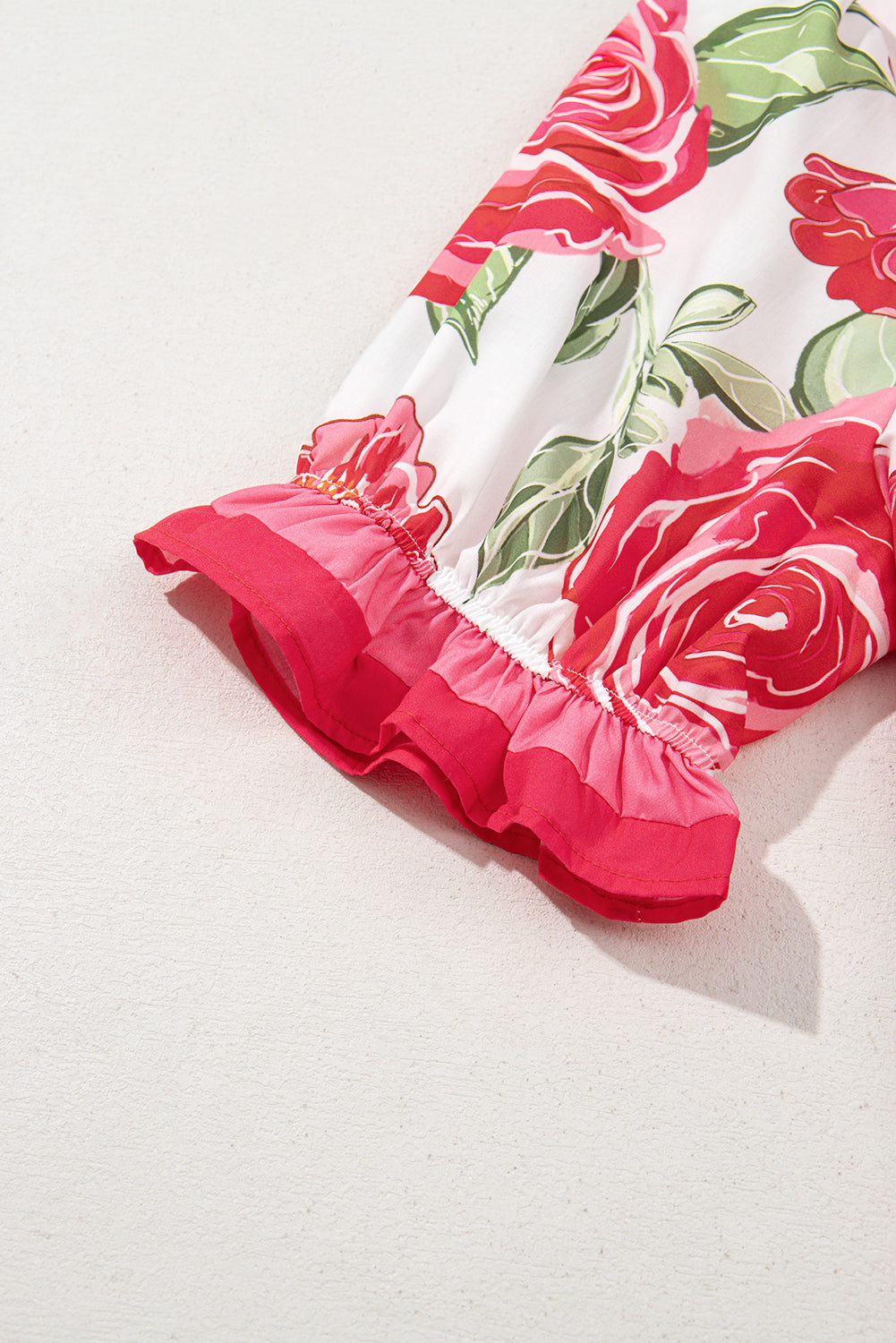 Rose Plus Size Floral Print Frill Neck Short Sleeve Blouse