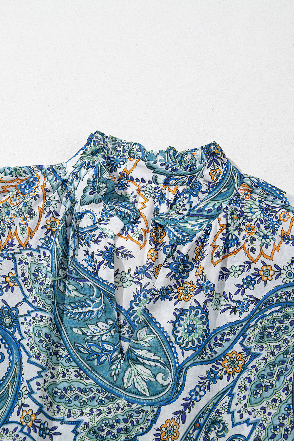 Blue Bohemian Paisley Floral V Neck Puff Sleeve Mini Dress